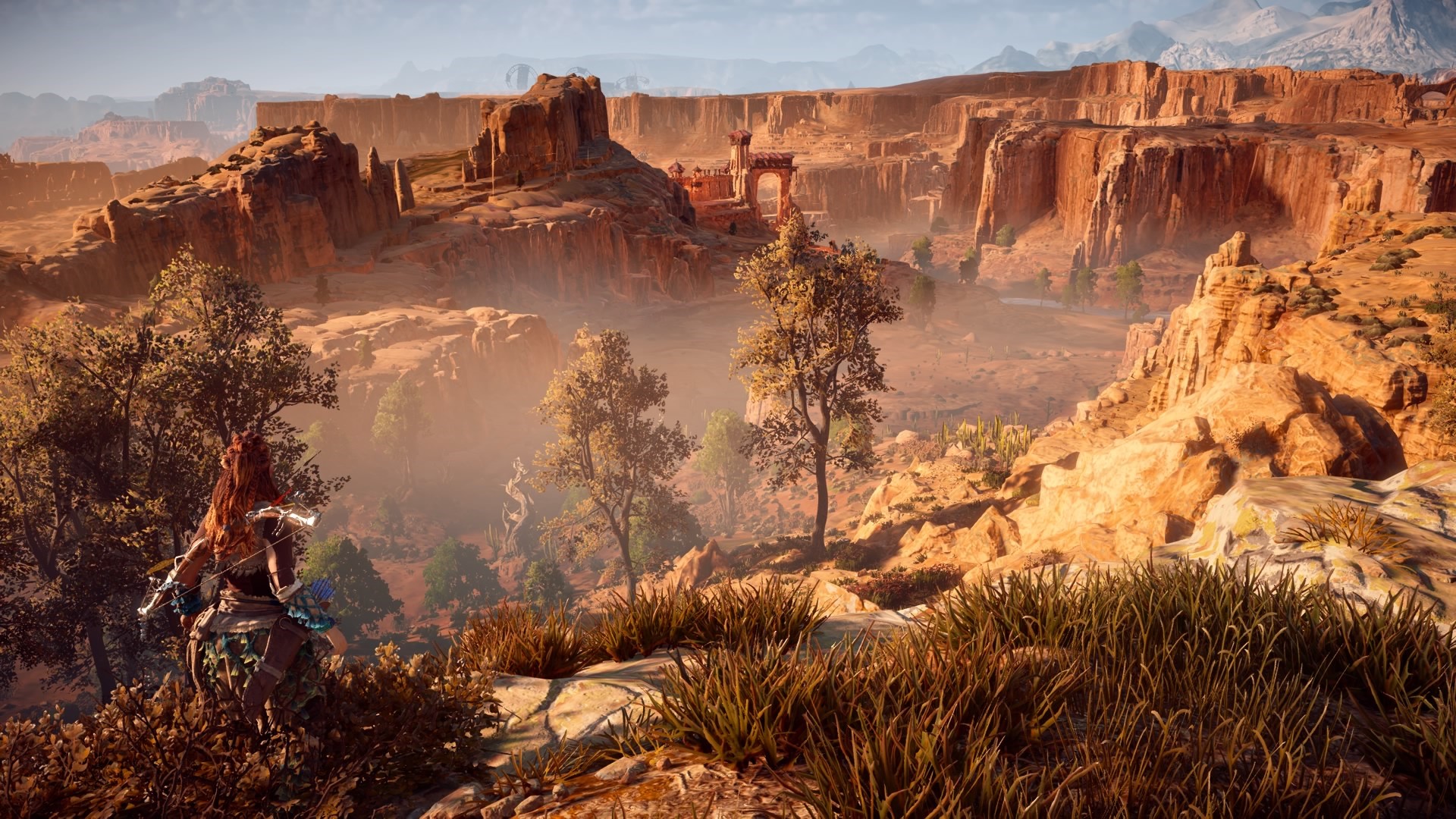 Aloy from Horizon Zero Dawn in a canyon landscape HD Wallpaper