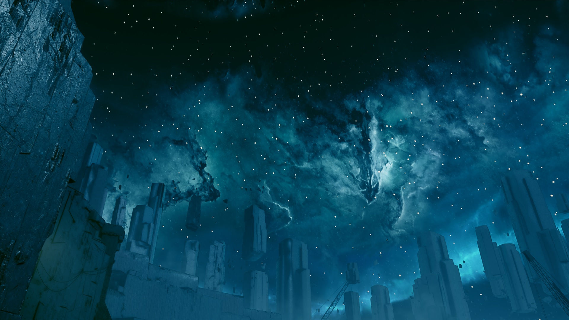 Fantasy city under a starry nebula HD Wallpaper