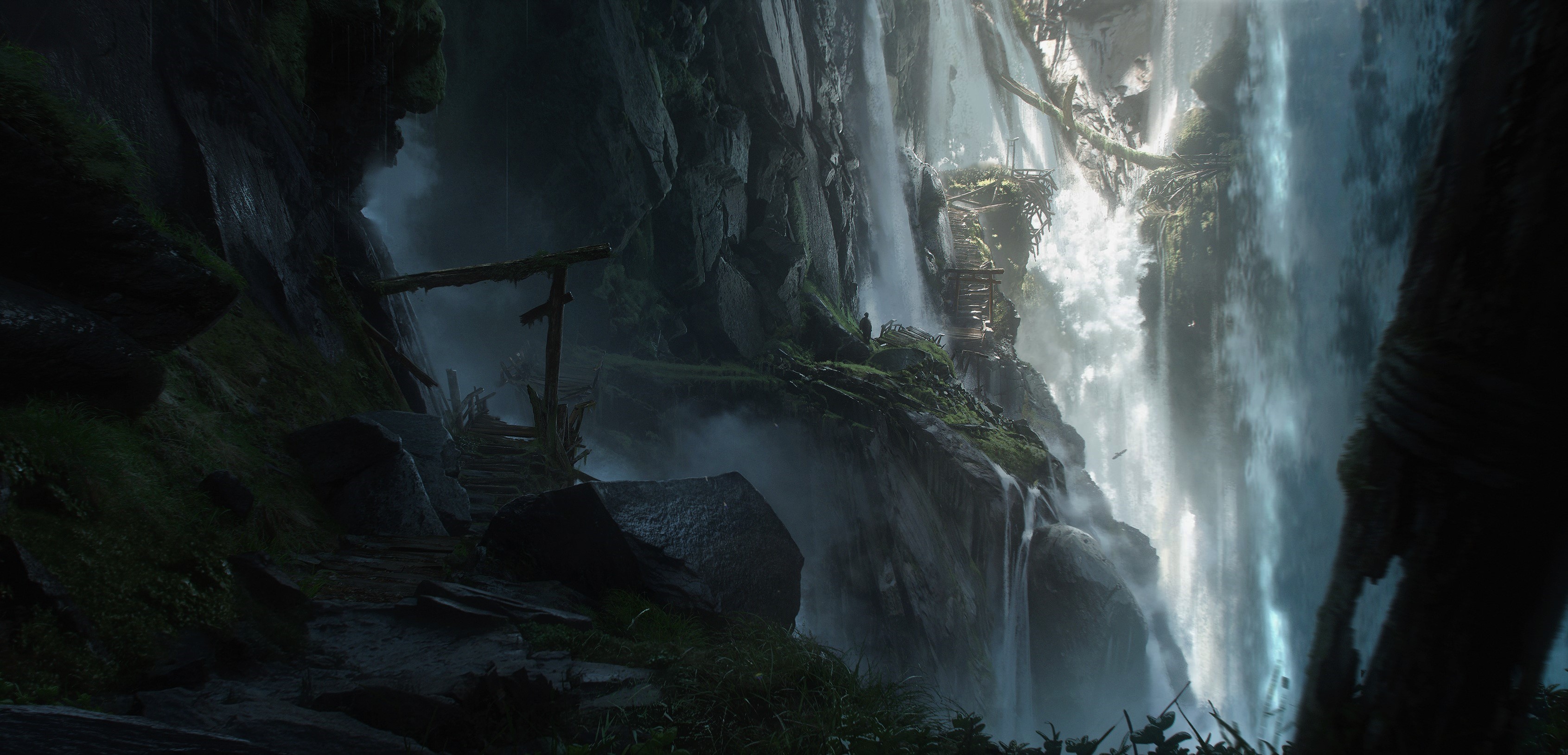 Ghost of Tsushima waterfall with wooden structures HD Wallpaper