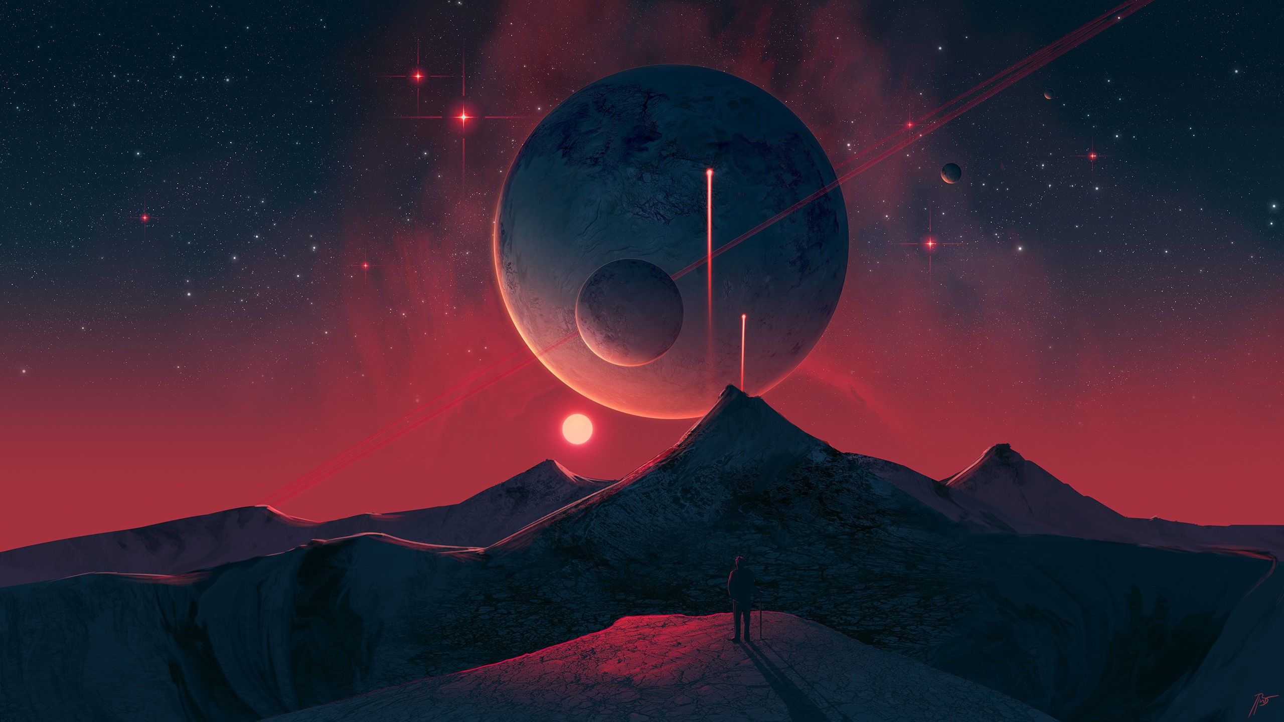 Digital art of a surreal alien landscape with planets and mountains HD Wallpaper