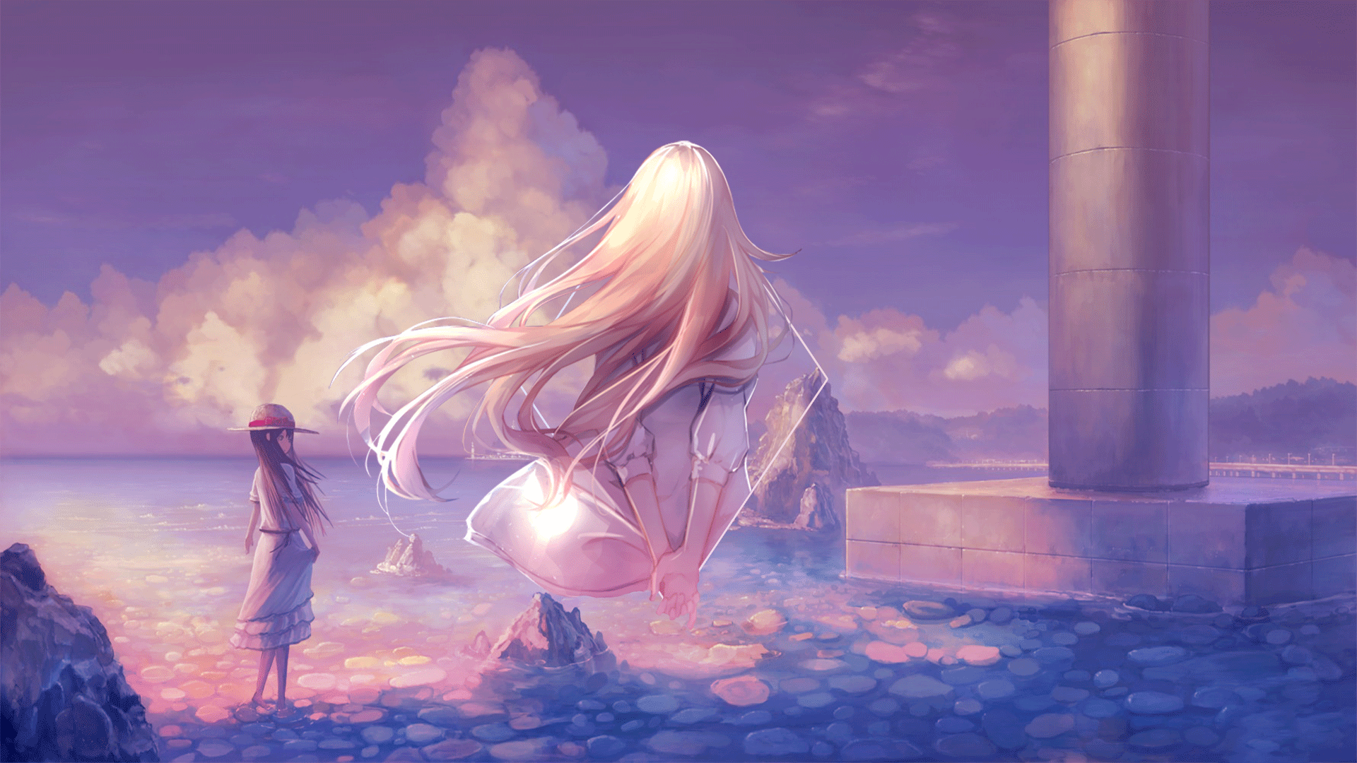 Anime girls on a beach at sunset with a lighthouse HD Wallpaper