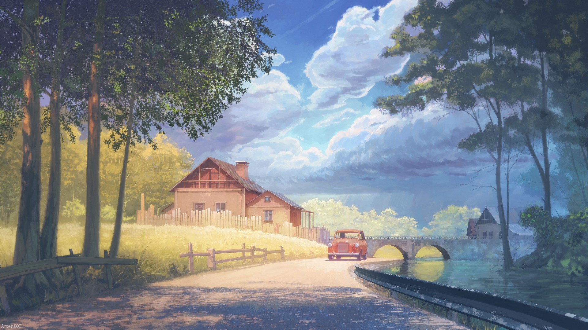 Rural landscape with house, bridge, and car HD Wallpaper