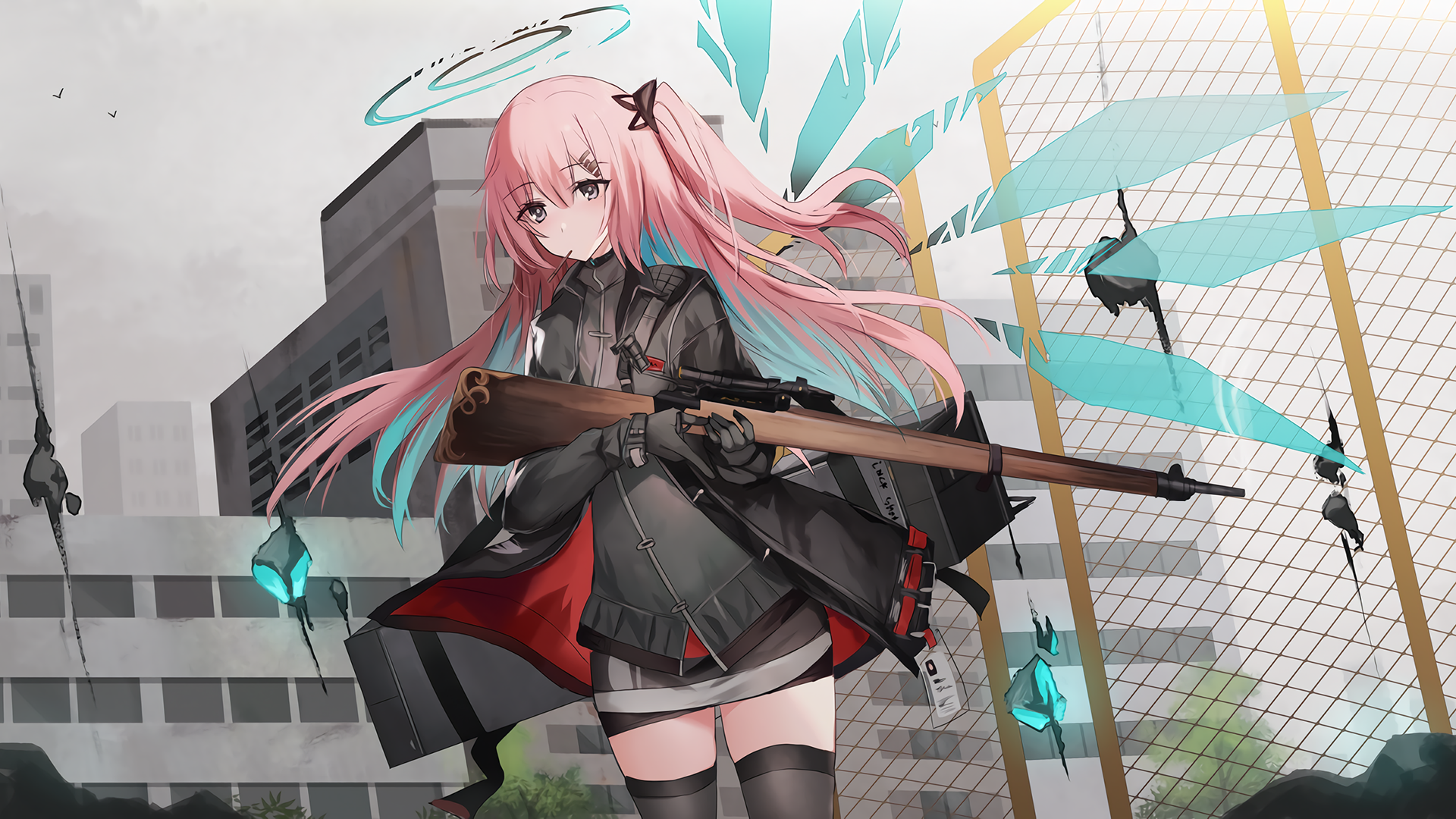 Anime girl with pink hair holding a rifle HD Wallpaper