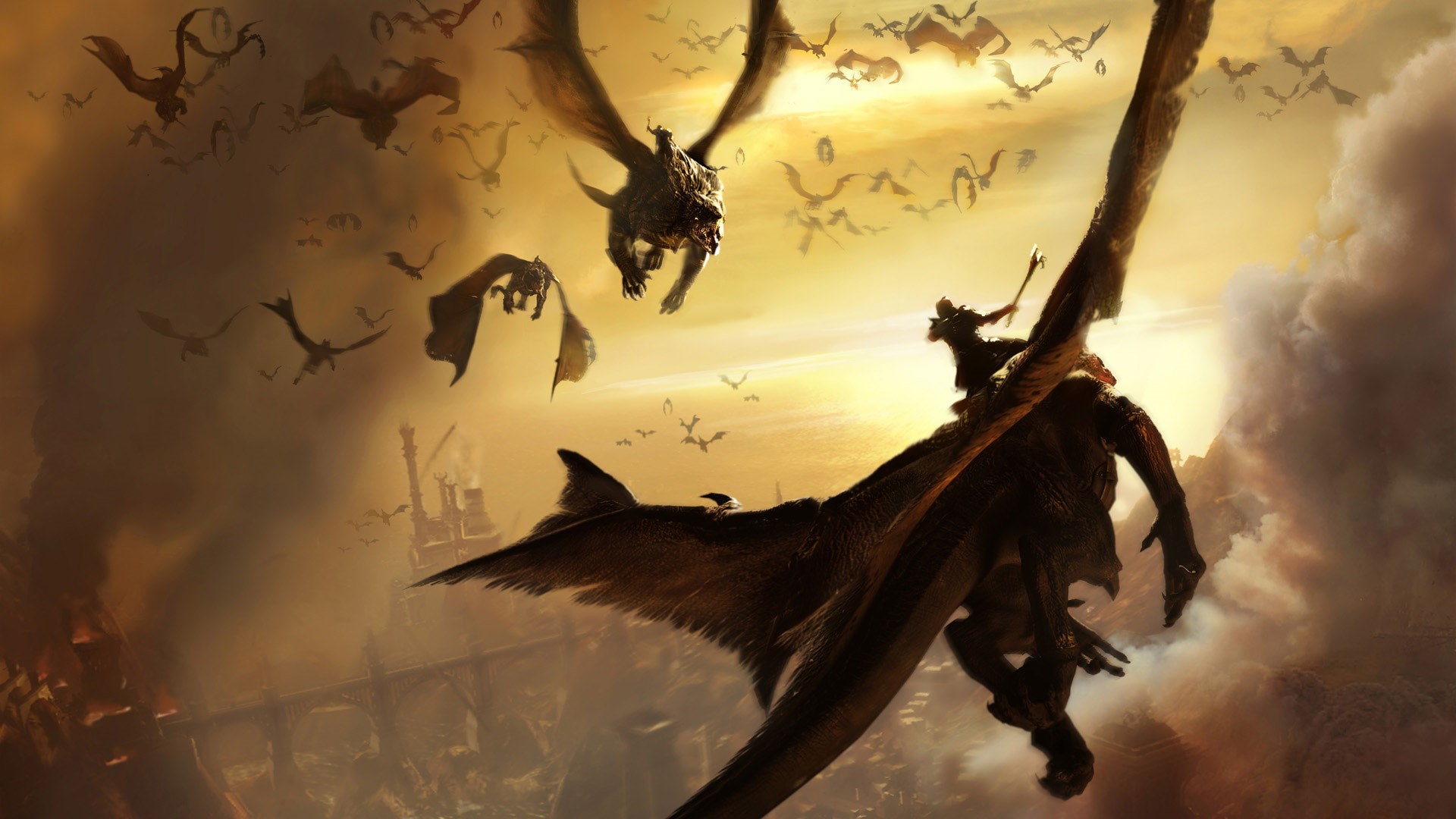 A swarm of dragons and riders in a smoky sky HD Wallpaper