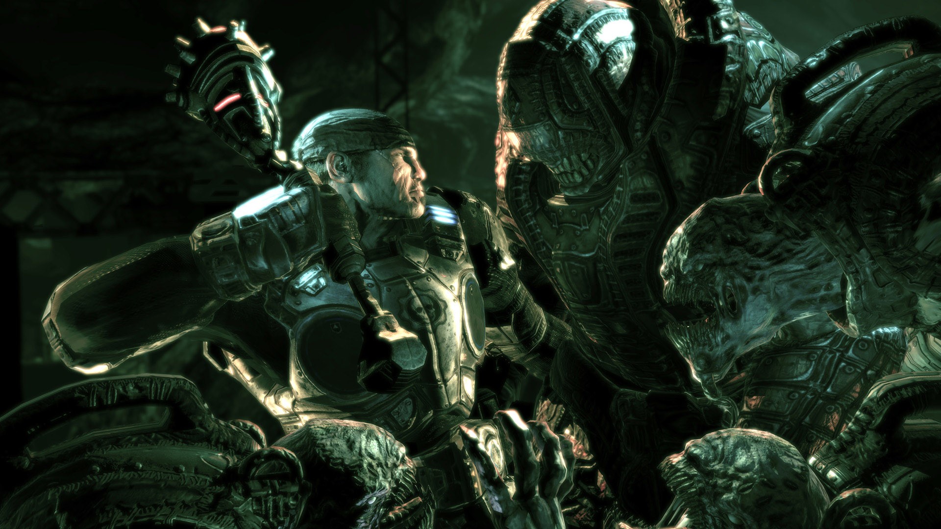 Marcus Fenix from Gears of War fighting creatures HD Wallpaper