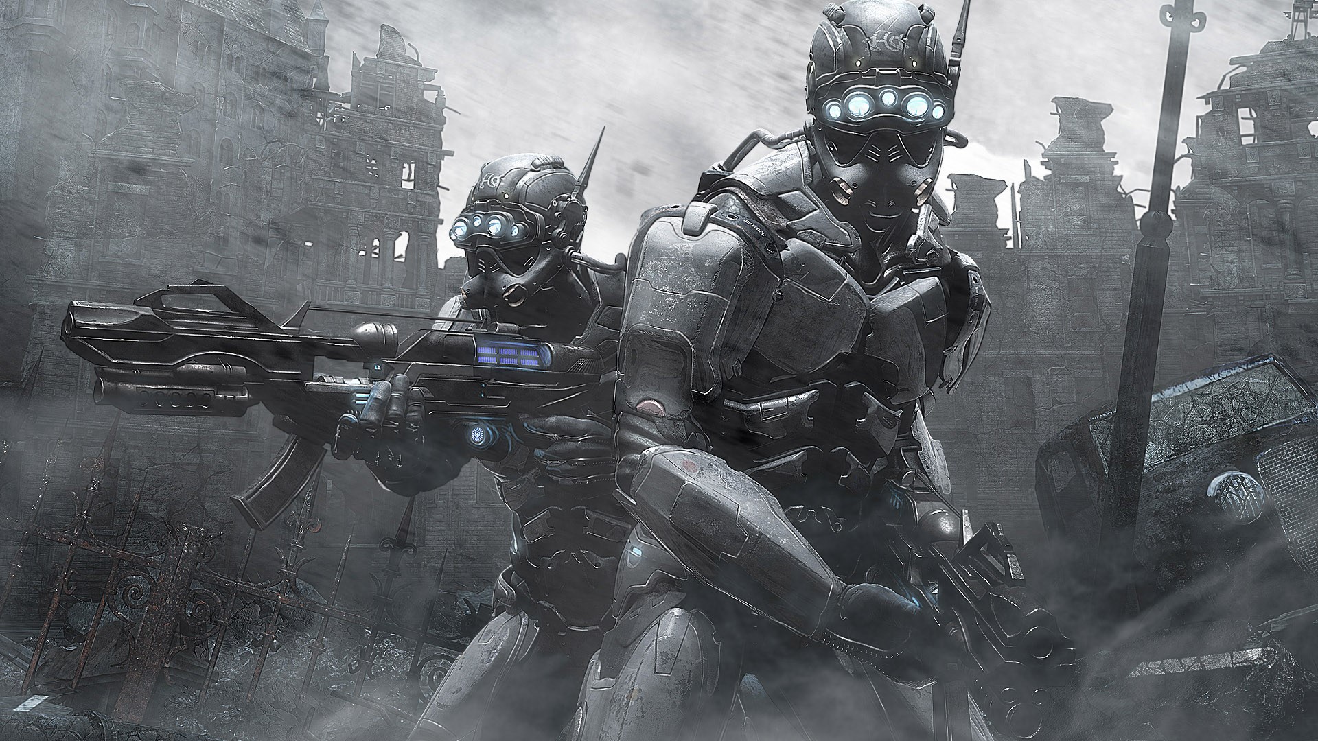 Two futuristic soldiers in a ruined city HD Wallpaper