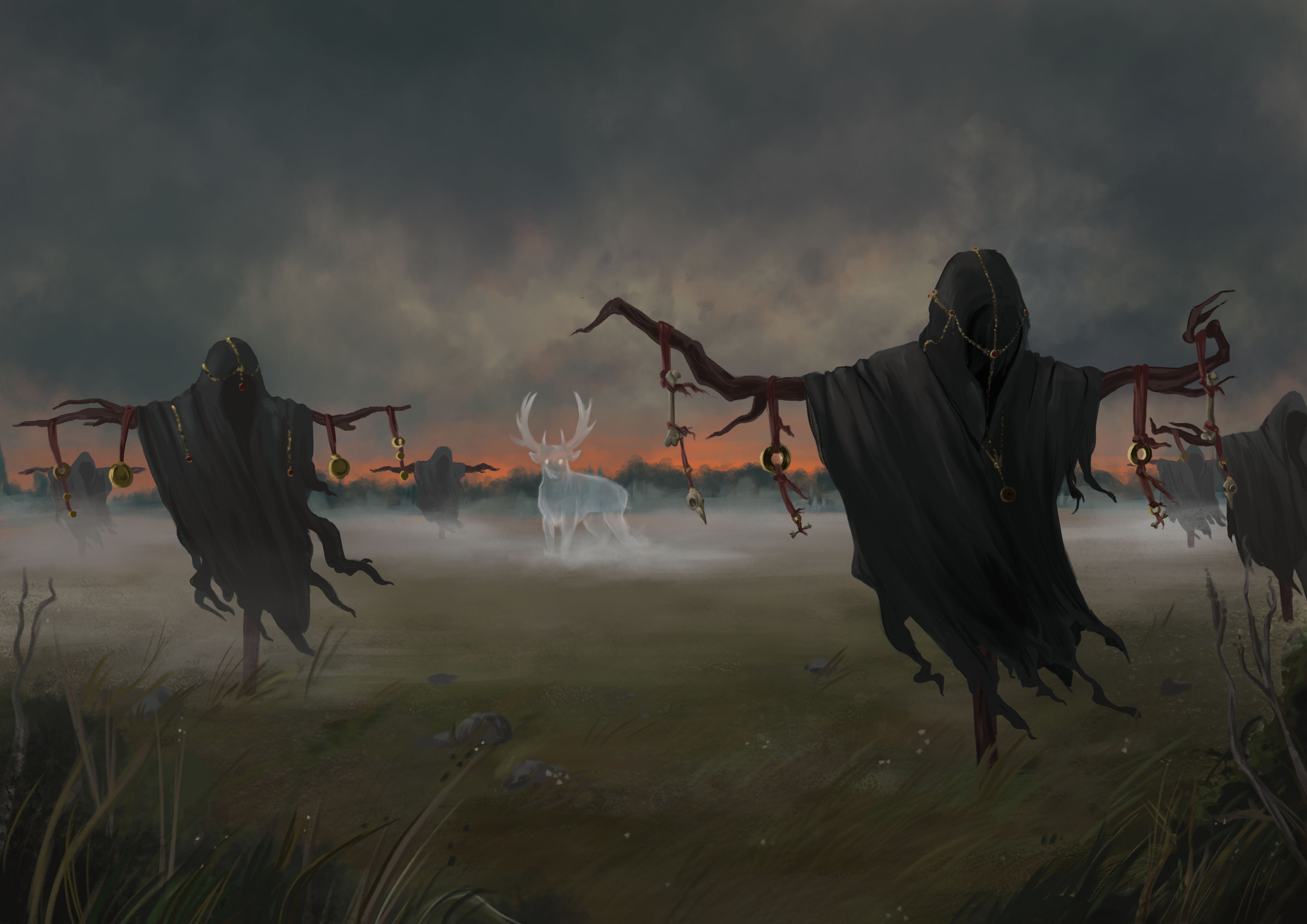 Scarecrows and a glowing deer in a misty field HD Wallpaper