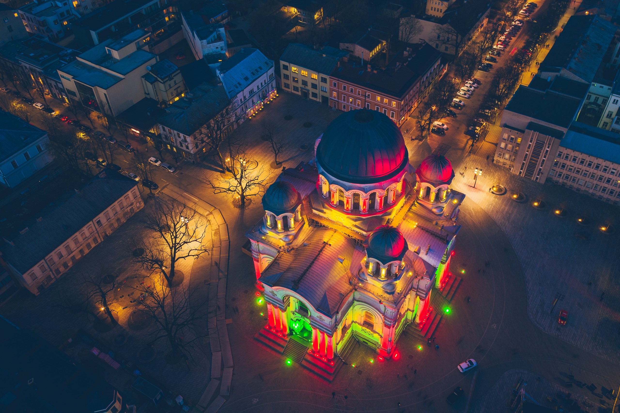 Aerial view of Kaunas Cathedral Basilica at night HD Wallpaper