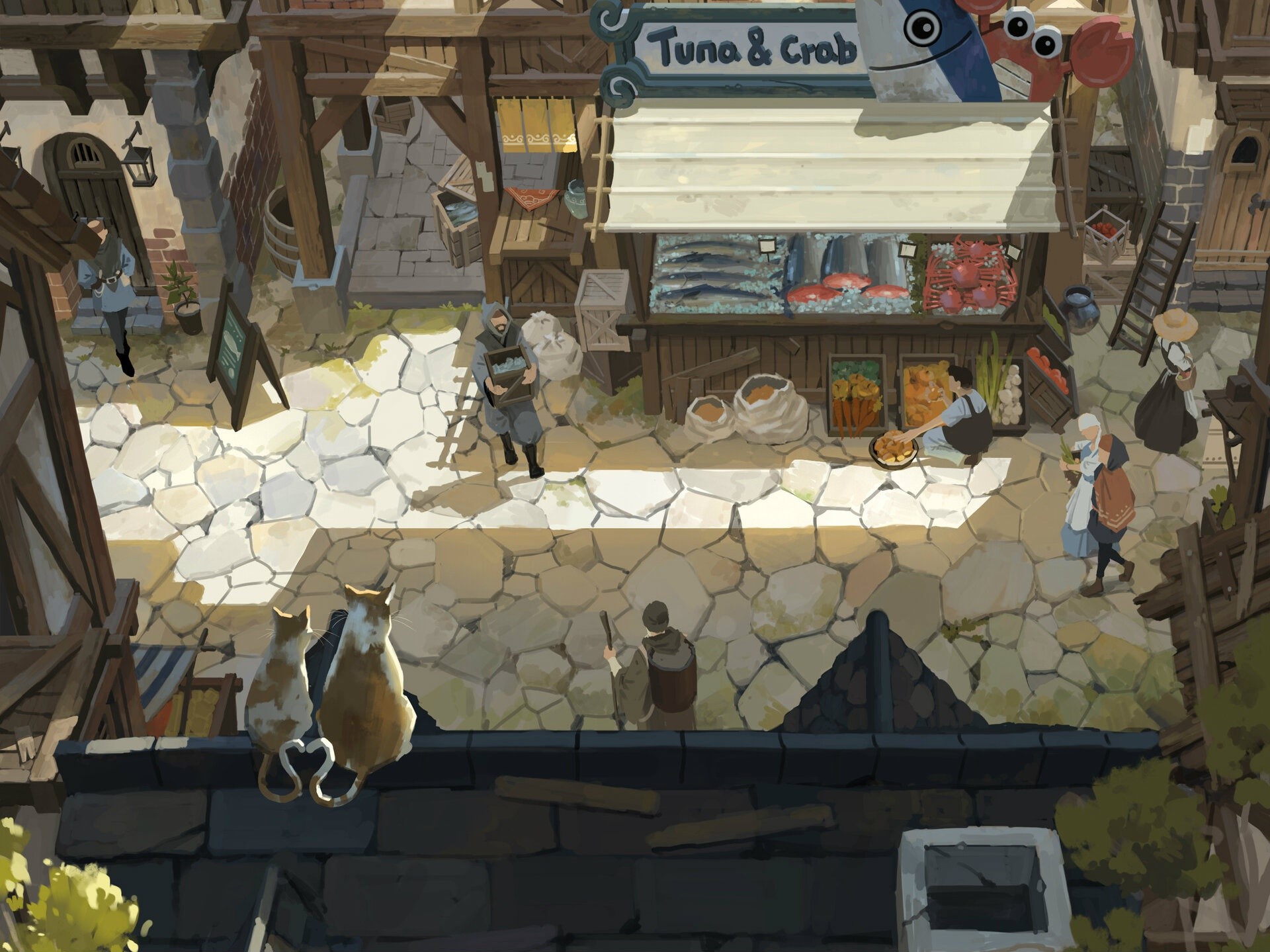 Fantasy town market with tuna and crab stall and cats HD Wallpaper