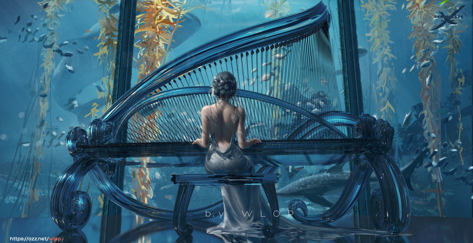 Woman playing a harp in an aquarium HD Wallpaper