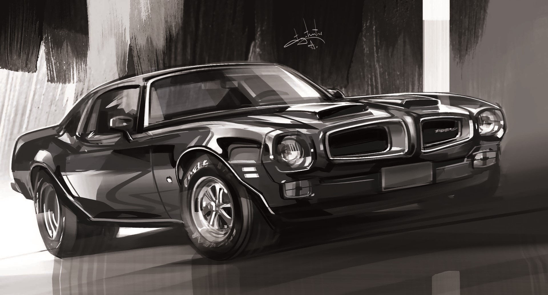 Monochrome painting of a black Pontiac Firebird sports car HD Wallpaper