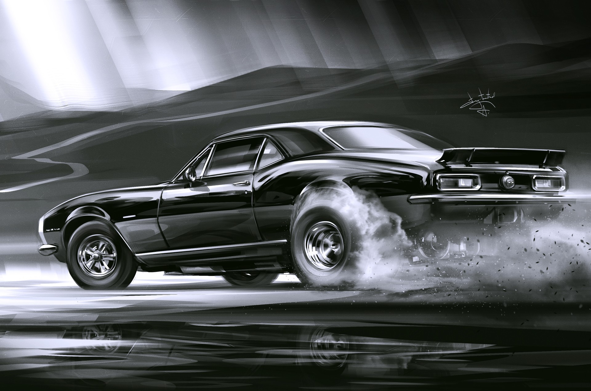 Monochrome artwork of a black muscle car doing a burnout HD Wallpaper