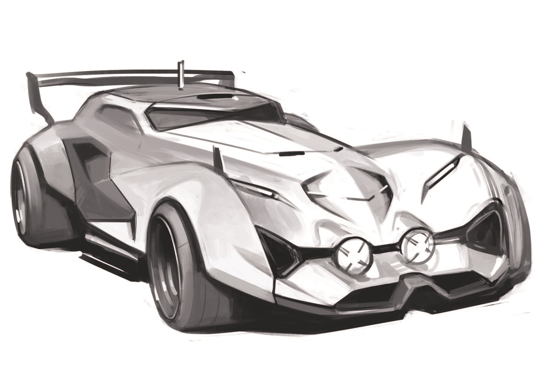 Monochrome concept art of a futuristic sports car HD Wallpaper