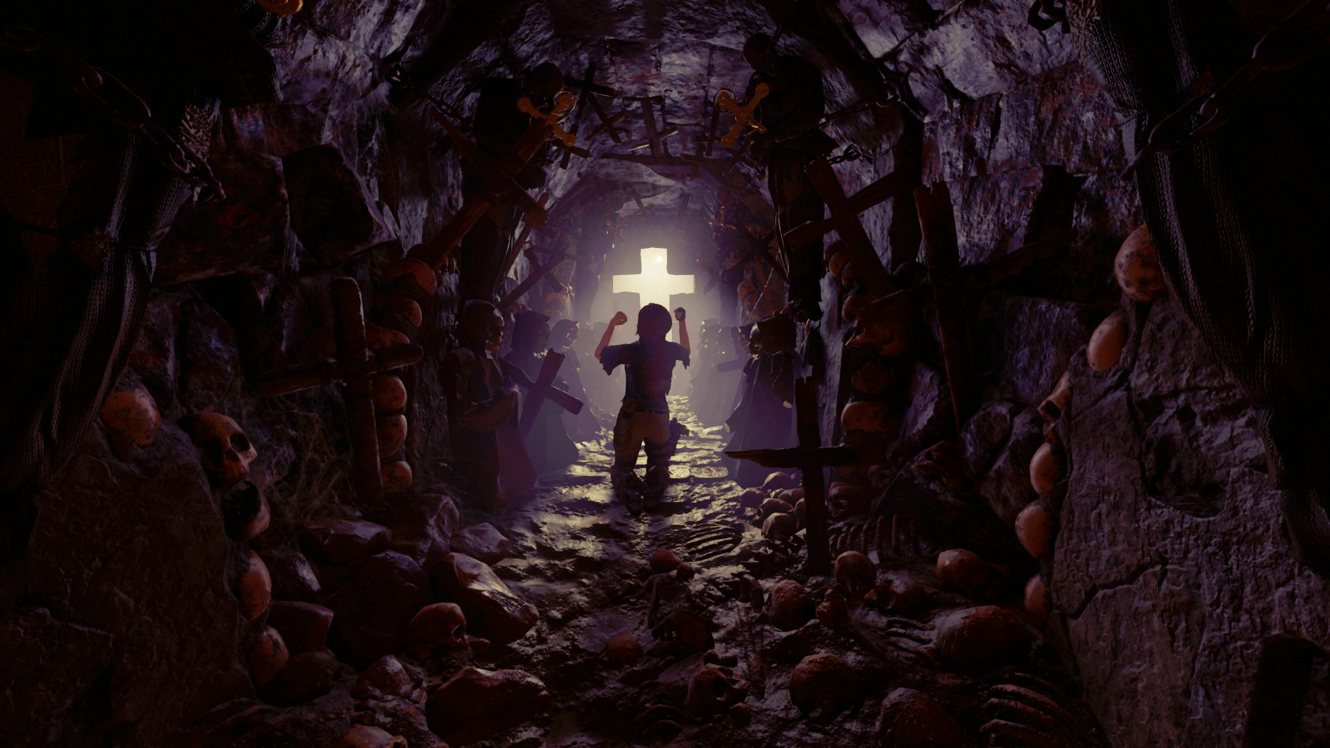 Lara Croft in a dark cave with skulls and crosses HD Wallpaper