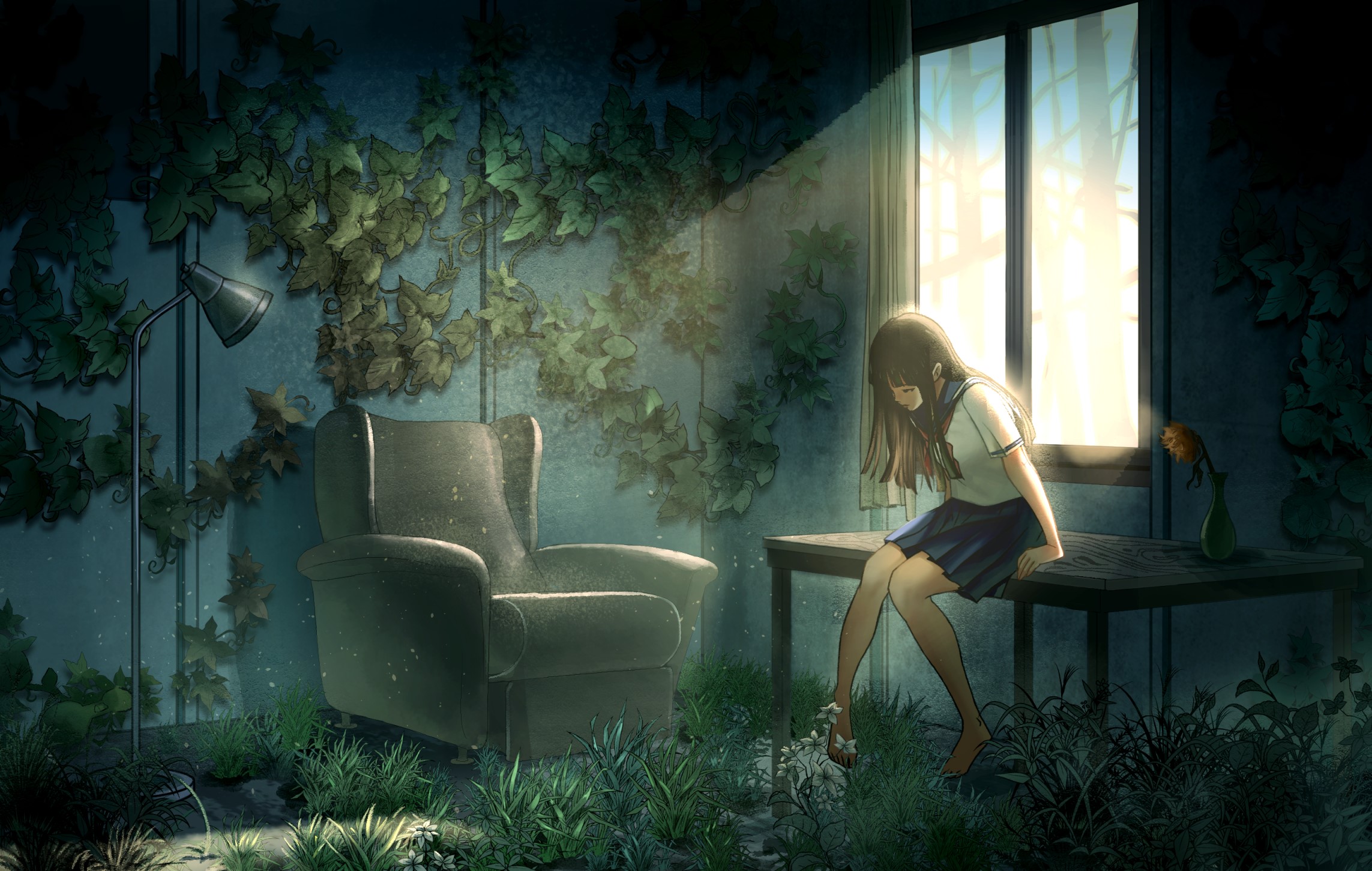 Anime schoolgirl sitting by a window with plants HD Wallpaper