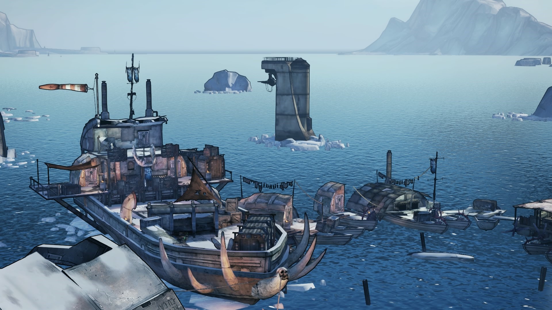 Borderlands 2 floating settlement in icy water HD Wallpaper