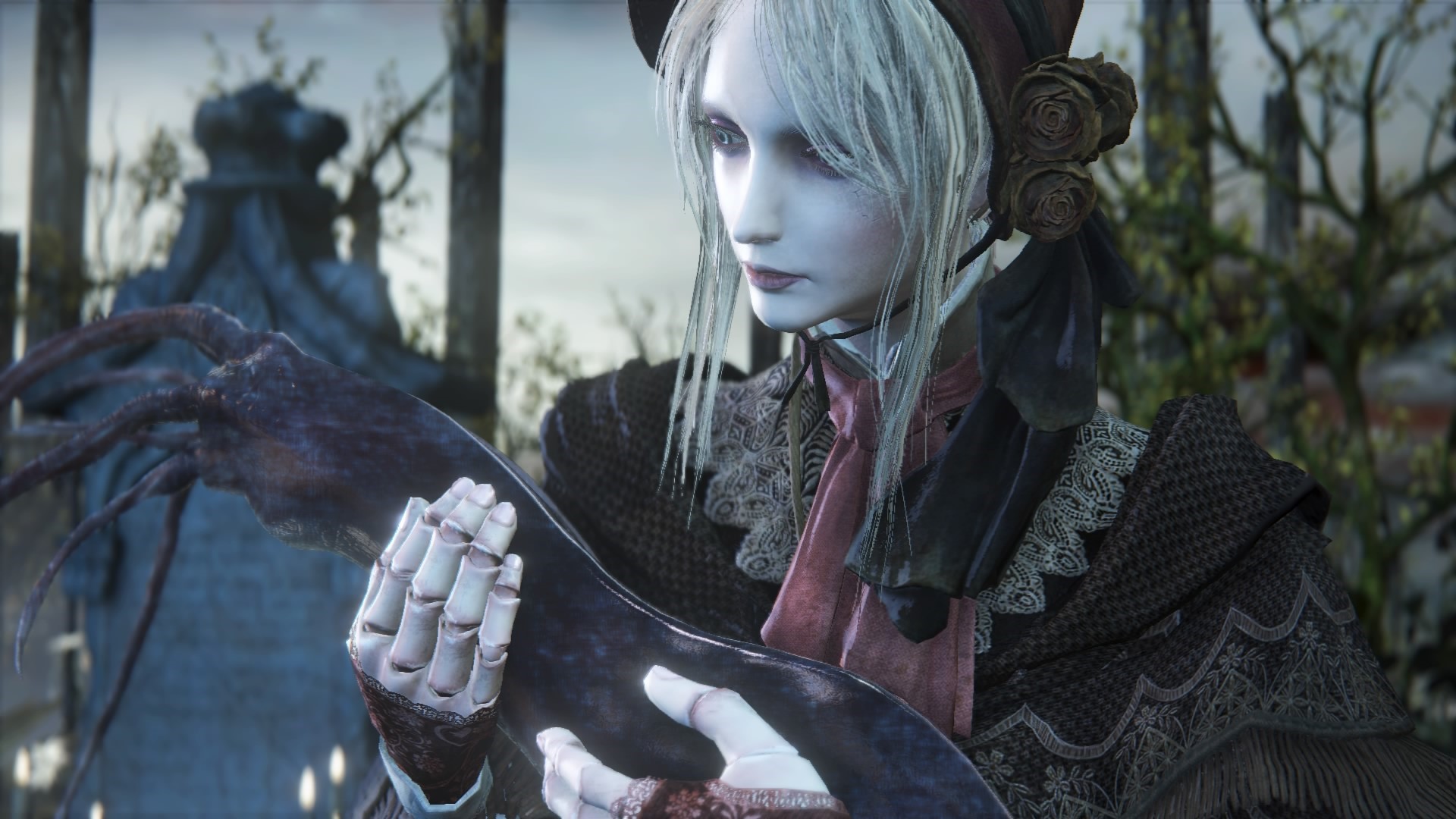 Bloodborne screenshot featuring a pale woman holding a creature HD Wallpaper