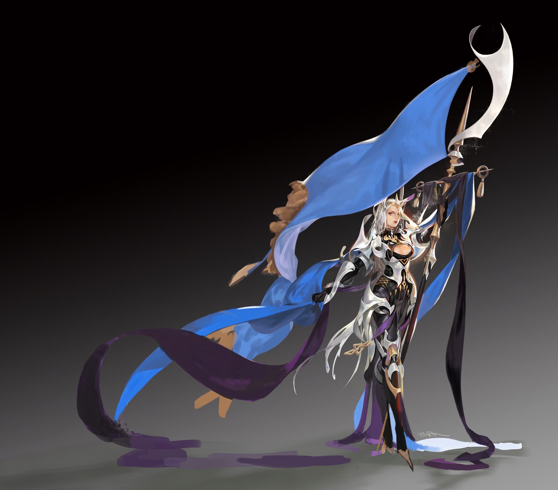 Fantasy woman with blue and purple banners HD Wallpaper