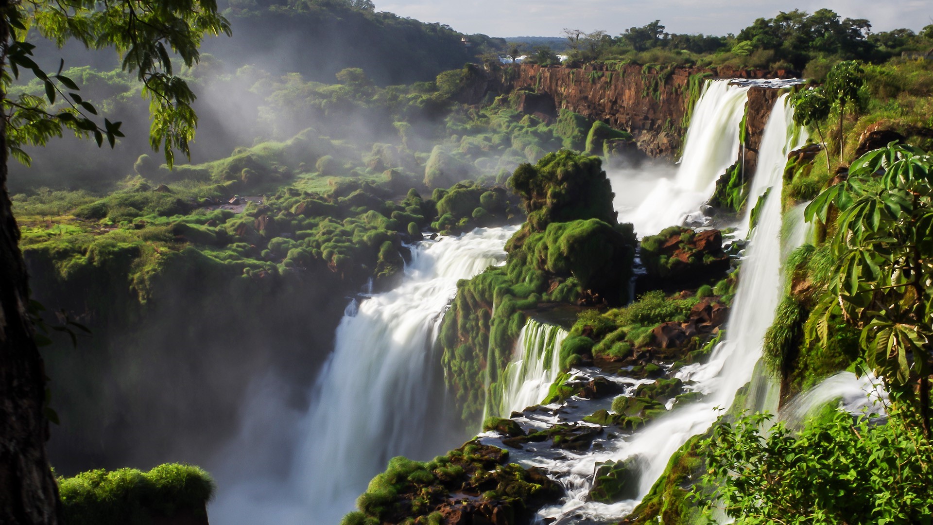 Waterfalls in a lush green jungle landscape HD Wallpaper