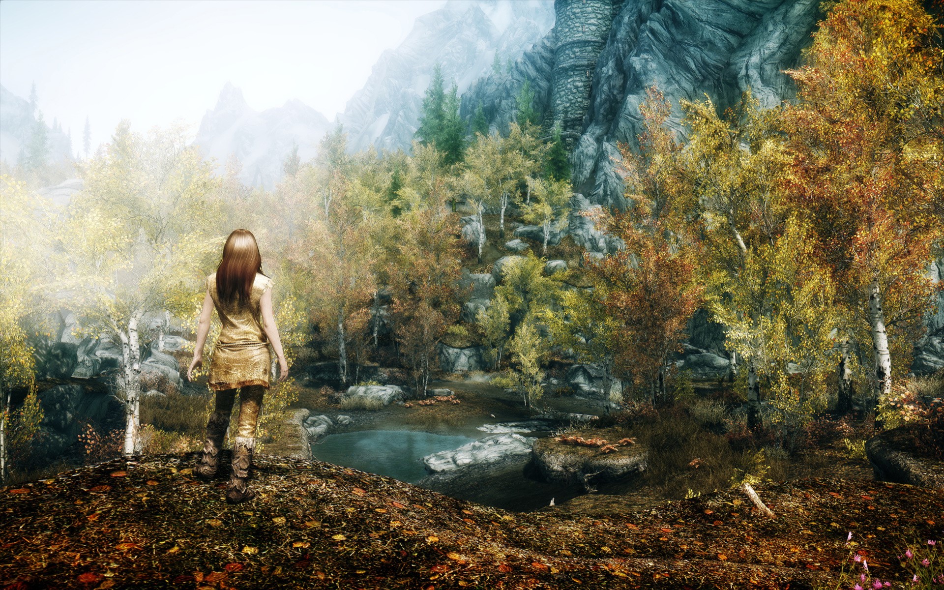 Girl in a forest near a lake in The Elder Scrolls V: Skyrim HD Wallpaper