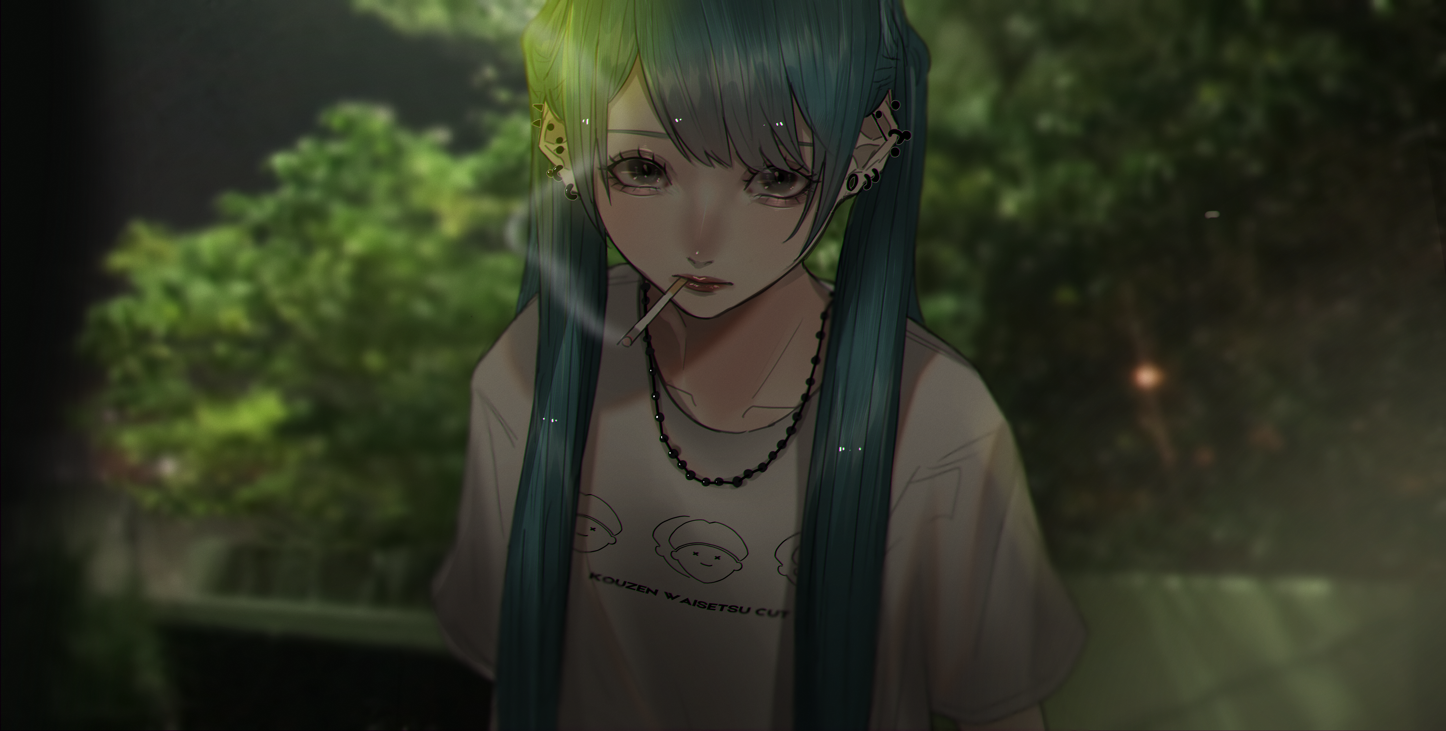 Anime girl with aqua twintails smoking outdoors HD Wallpaper