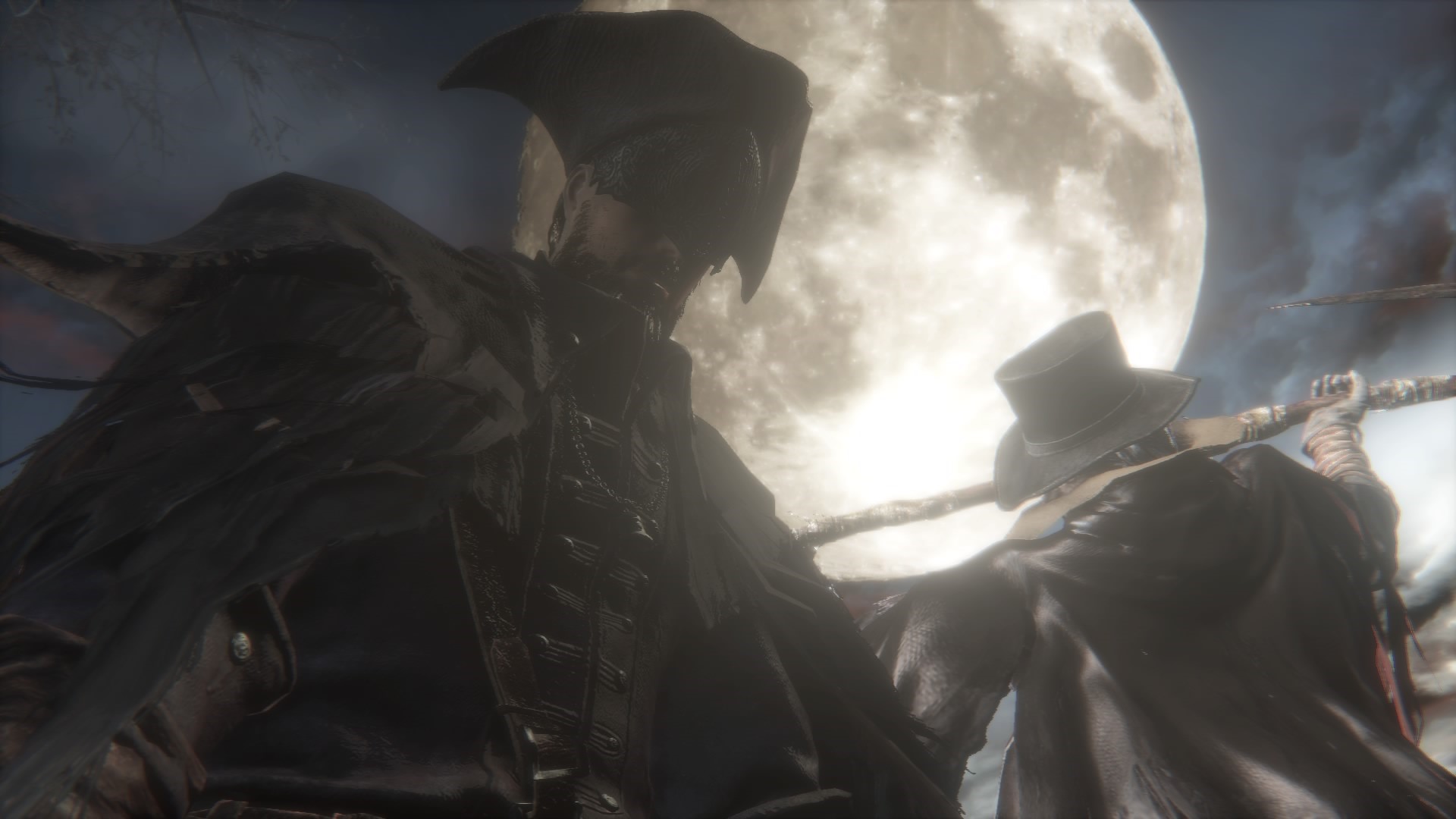 Two figures in dark cloaks and hats stand before a large moon in Bloodborne. HD Wallpaper