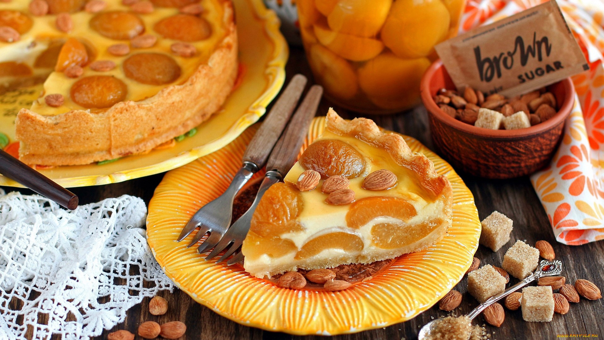 Apricot Tart with Almonds and Brown Sugar HD Wallpaper