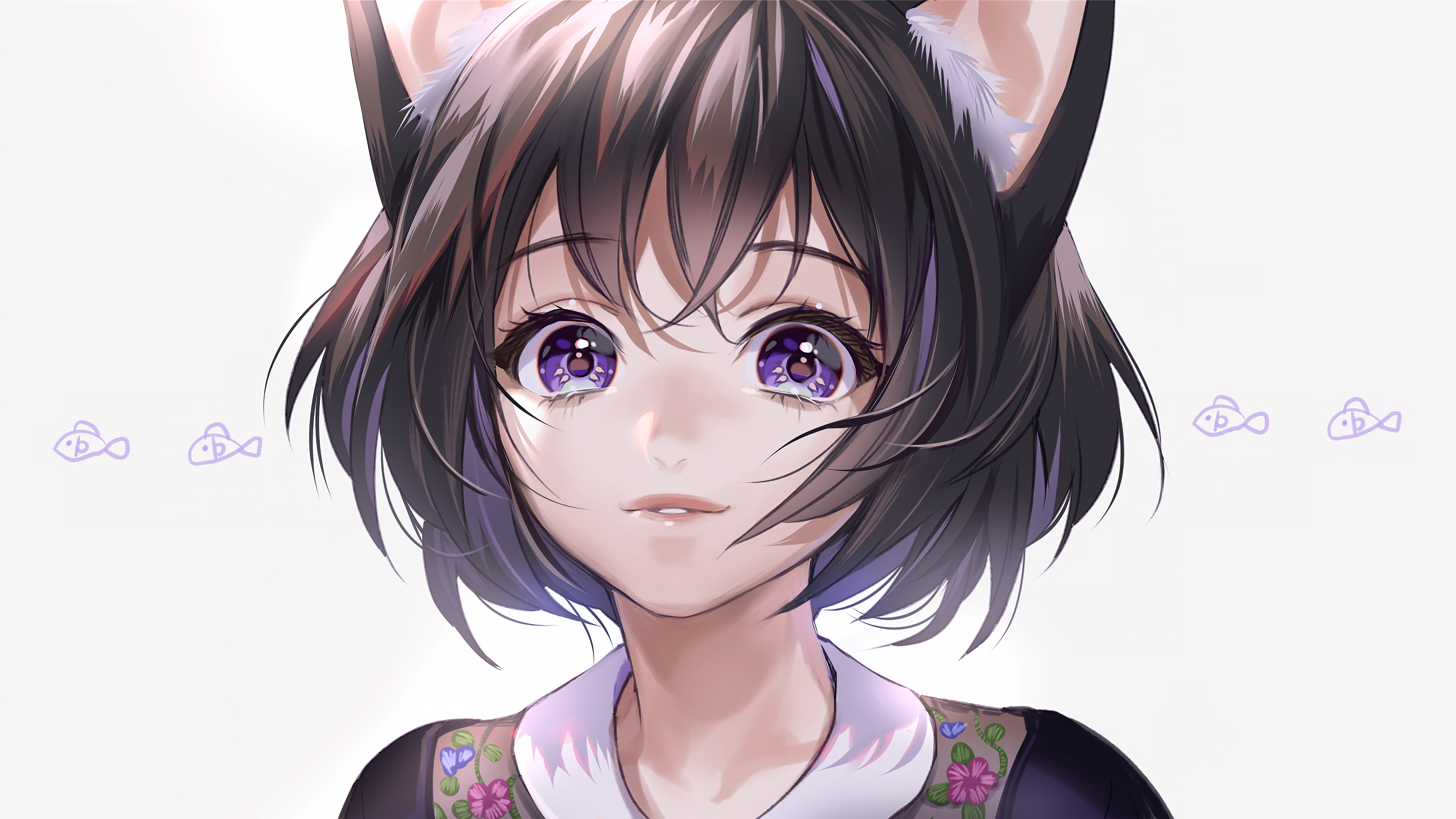 Anime cat girl with purple eyes and black hair HD Wallpaper