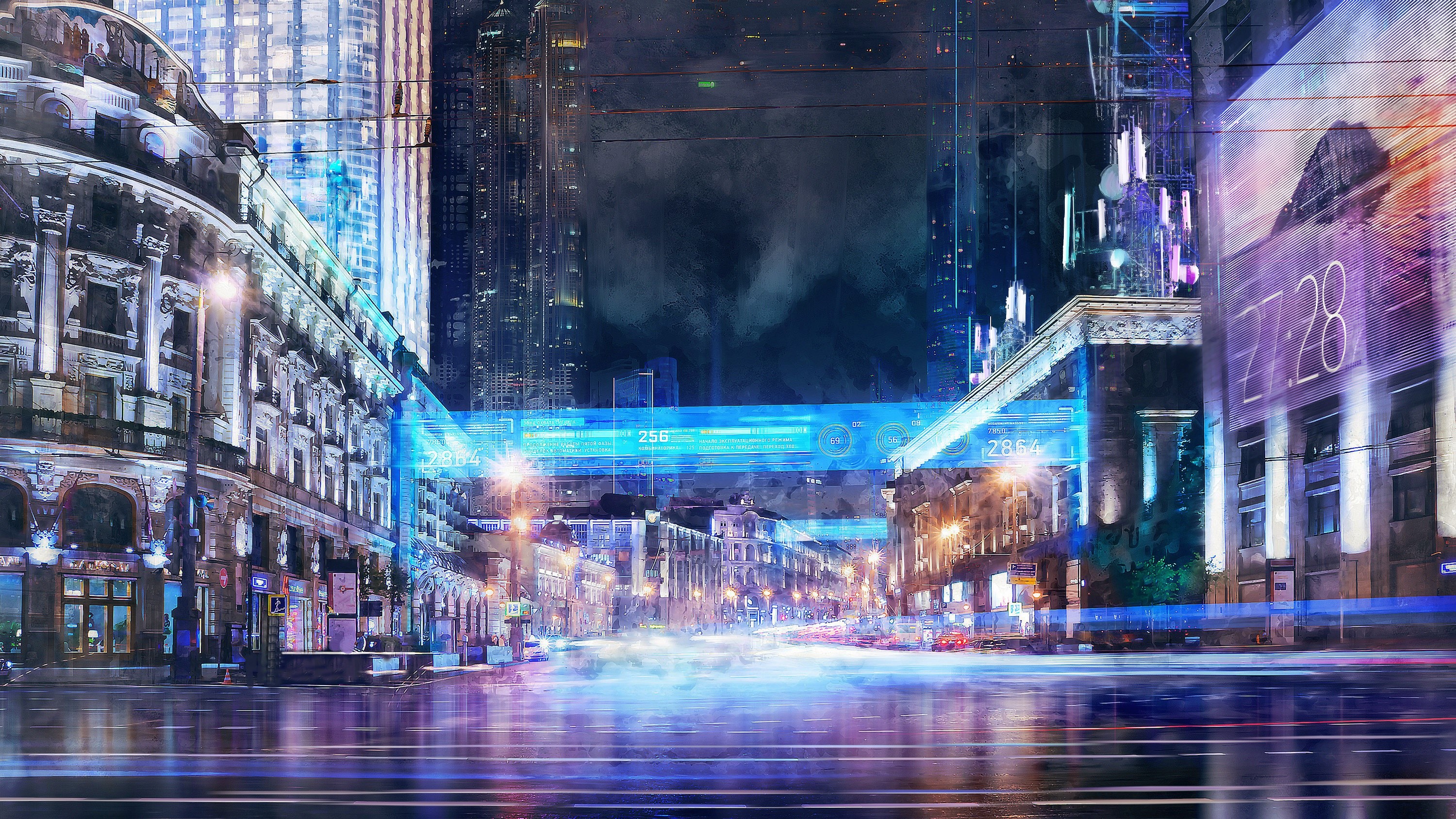 Futuristic Cityscape at Night with Digital Overlays HD Wallpaper