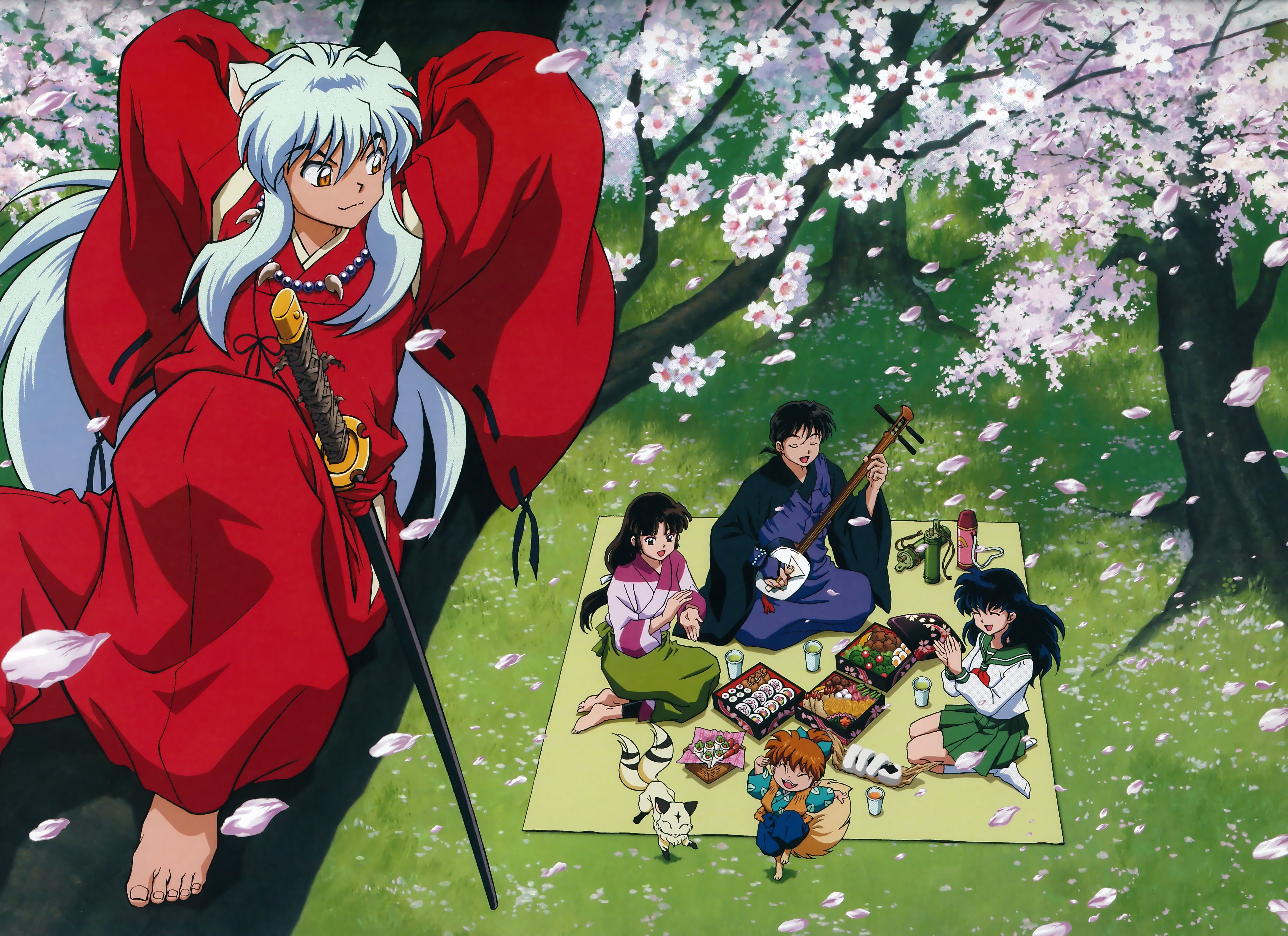 Inuyasha characters having a picnic under cherry blossoms HD Wallpaper