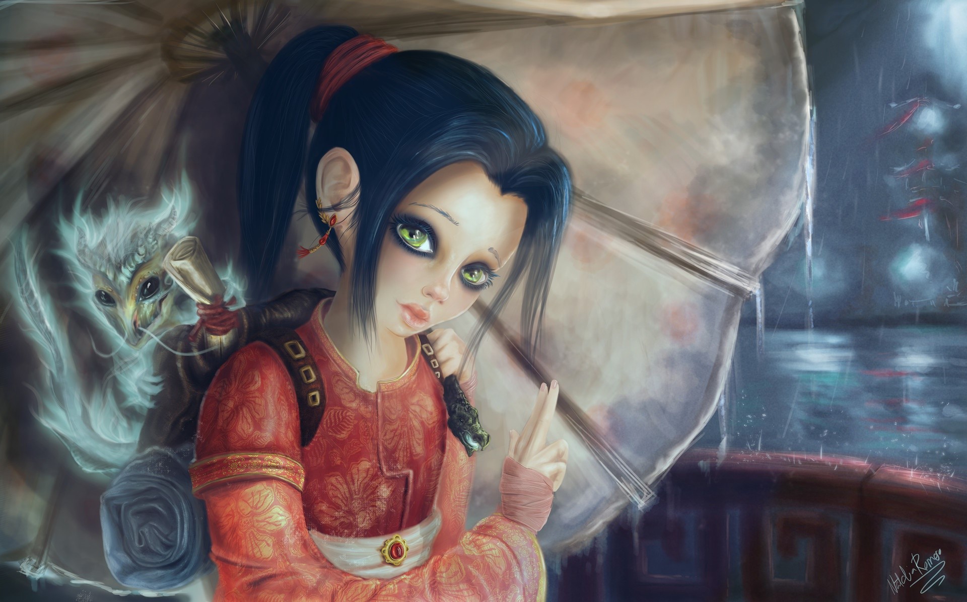 Fantasy girl with creature under umbrella in rain HD Wallpaper