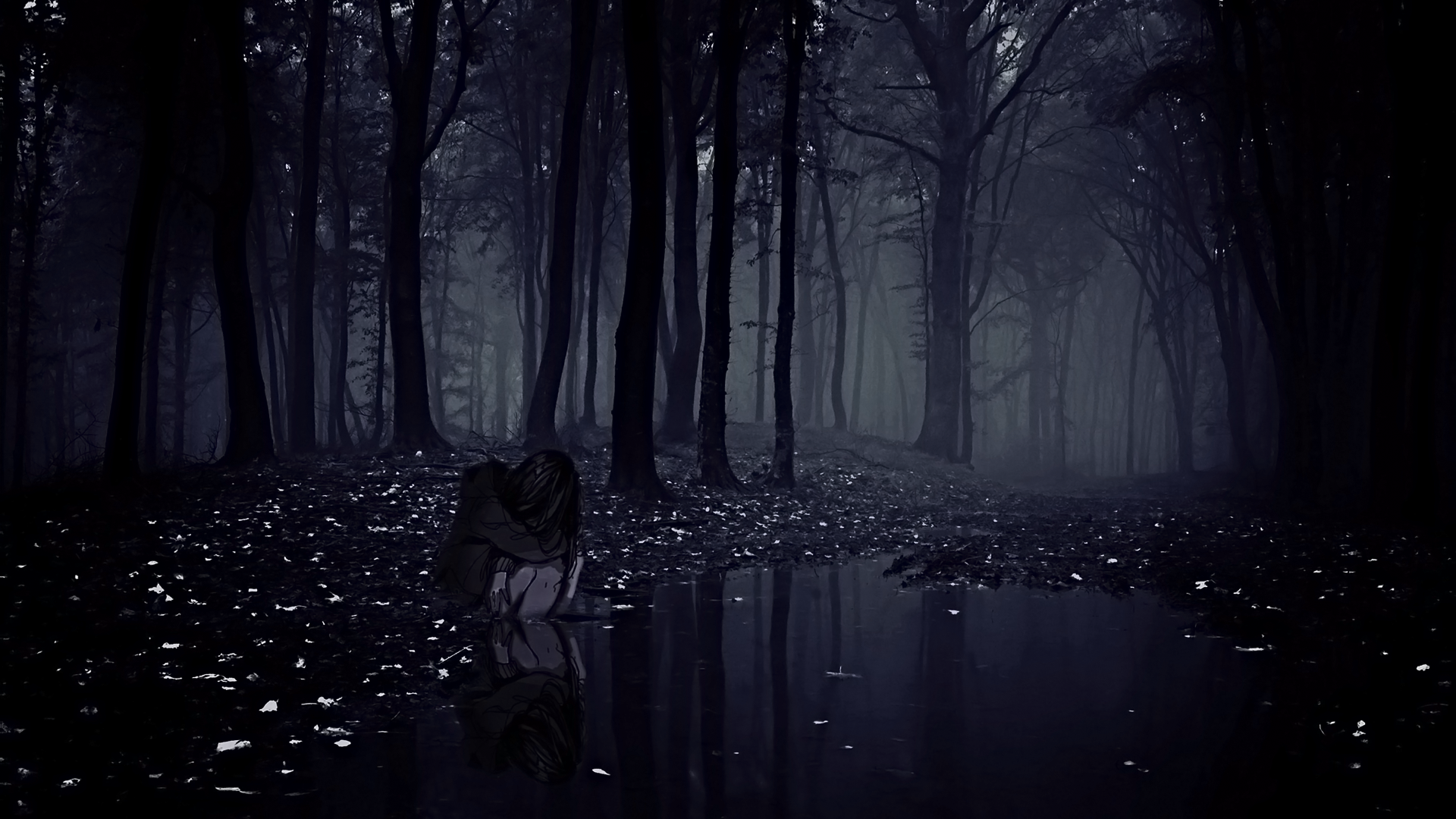 Anime girl sitting by a dark forest pool HD Wallpaper
