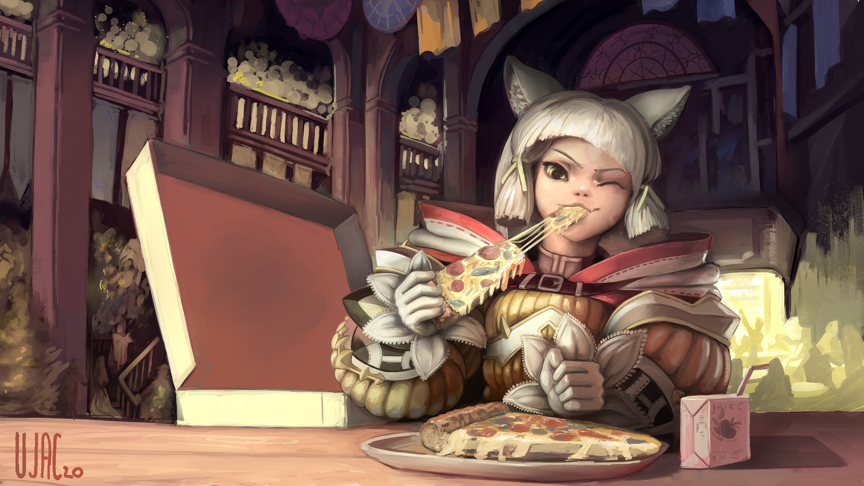 Cat girl eating pizza from a box HD Wallpaper
