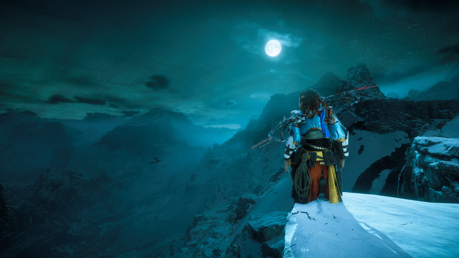 Aloy from Horizon Zero Dawn in snowy mountains at night HD Wallpaper