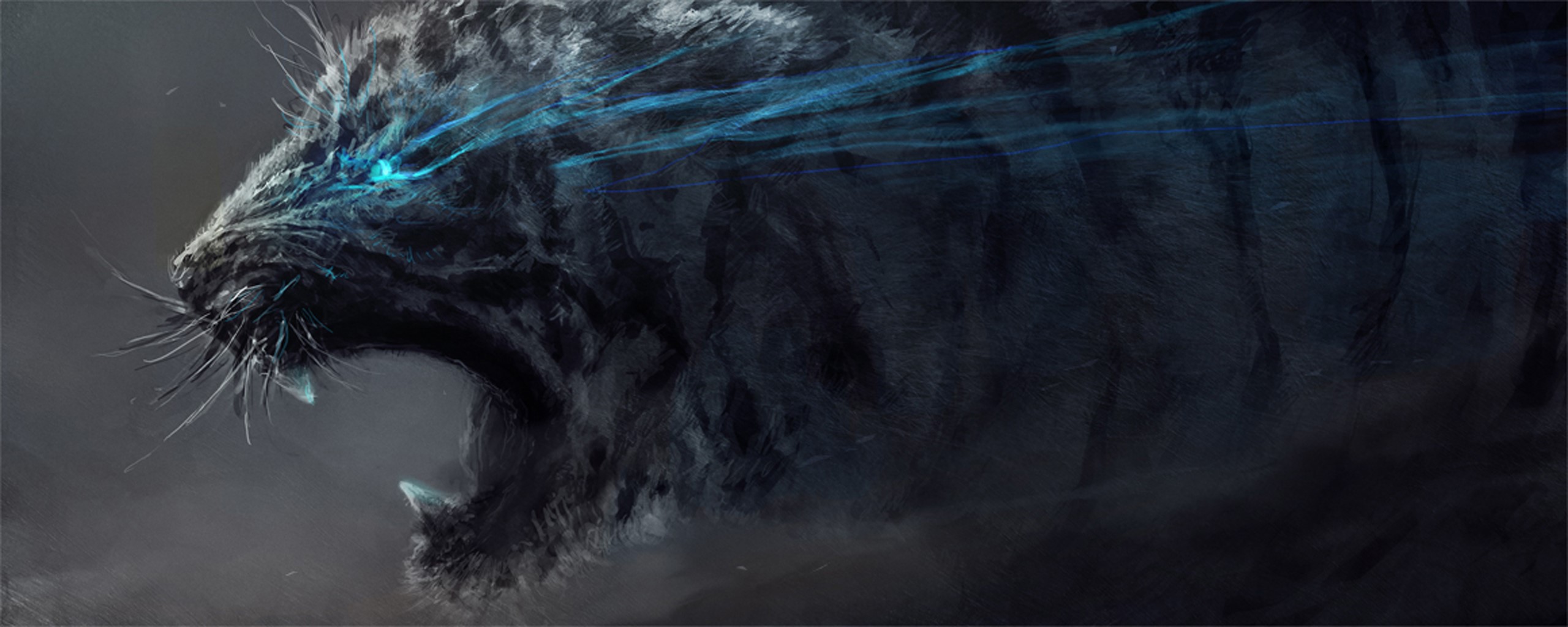 Dark tiger with glowing blue eyes in smoke HD Wallpaper