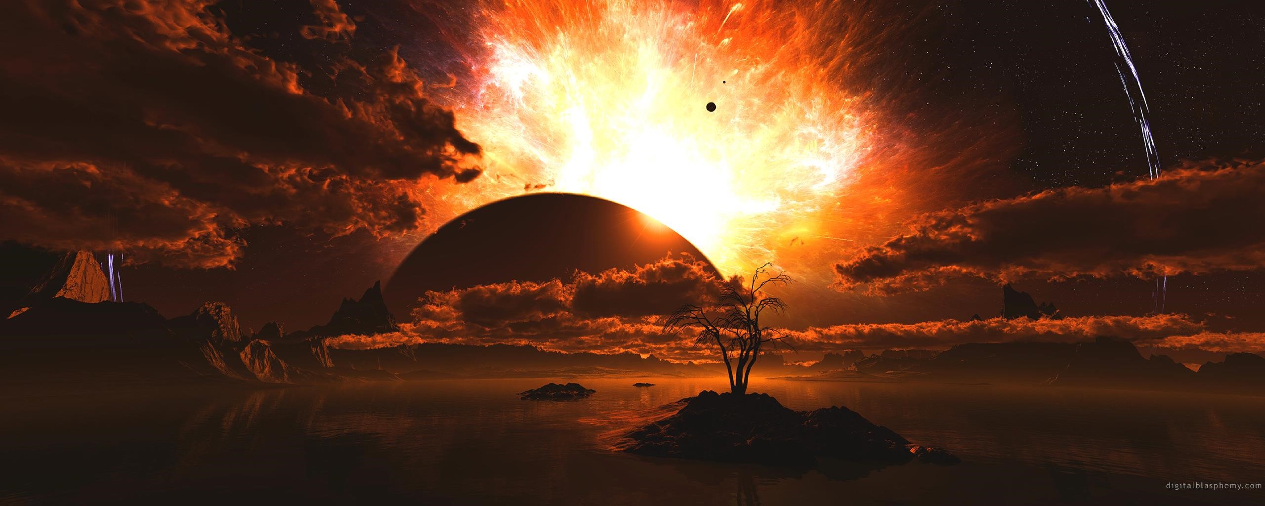 Digital Art of a Solar Eclipse Over a Watery Landscape HD Wallpaper