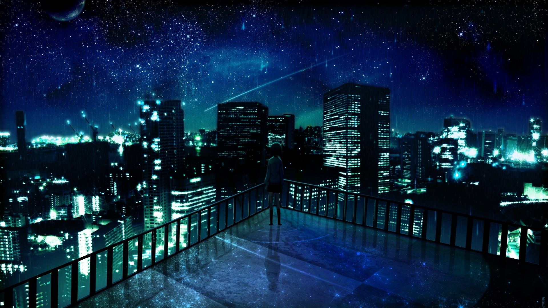 Anime girl on rooftop overlooking city at night with shooting stars HD Wallpaper