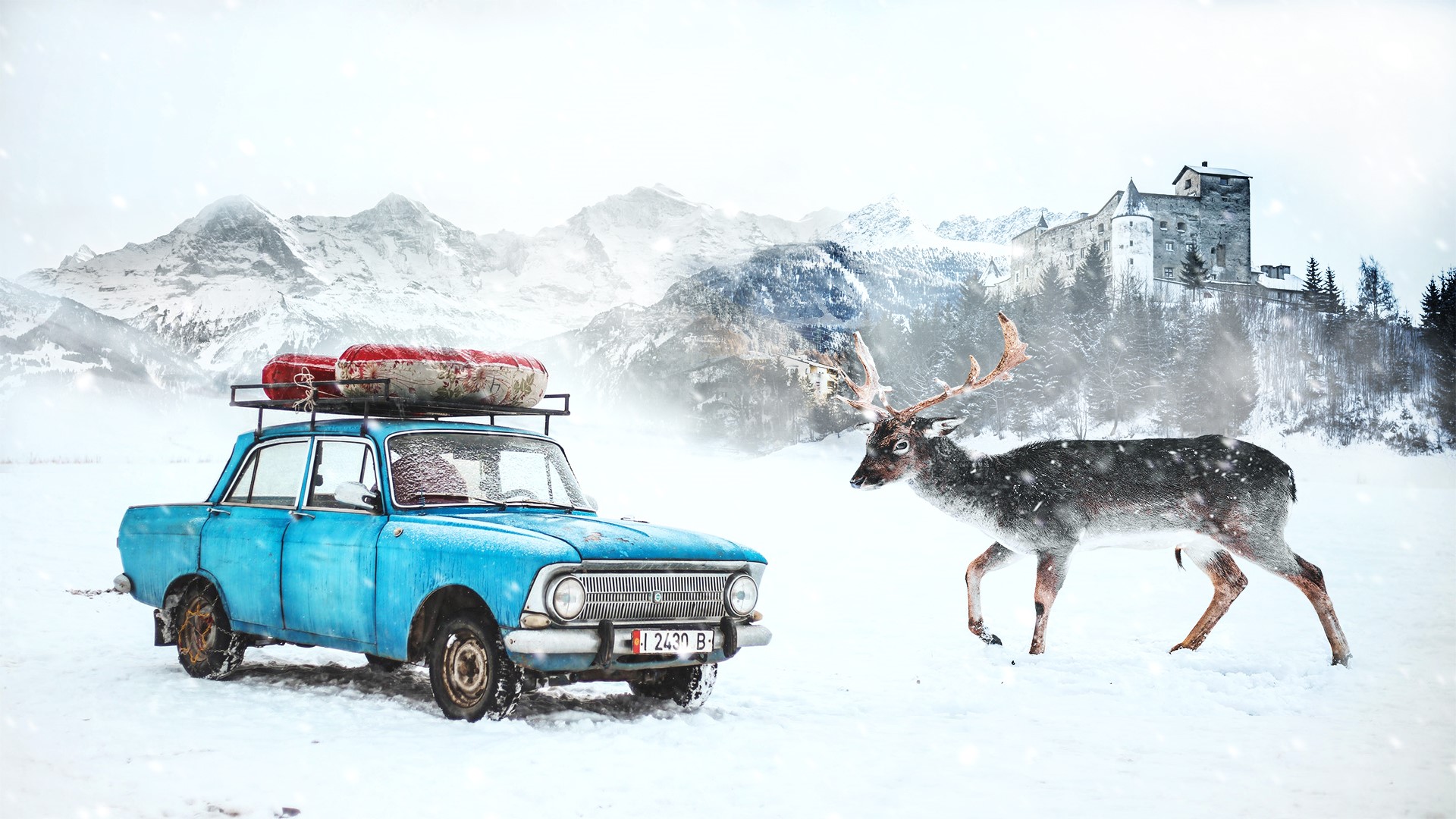 Blue Moskvich car with deer and castle in winter HD Wallpaper