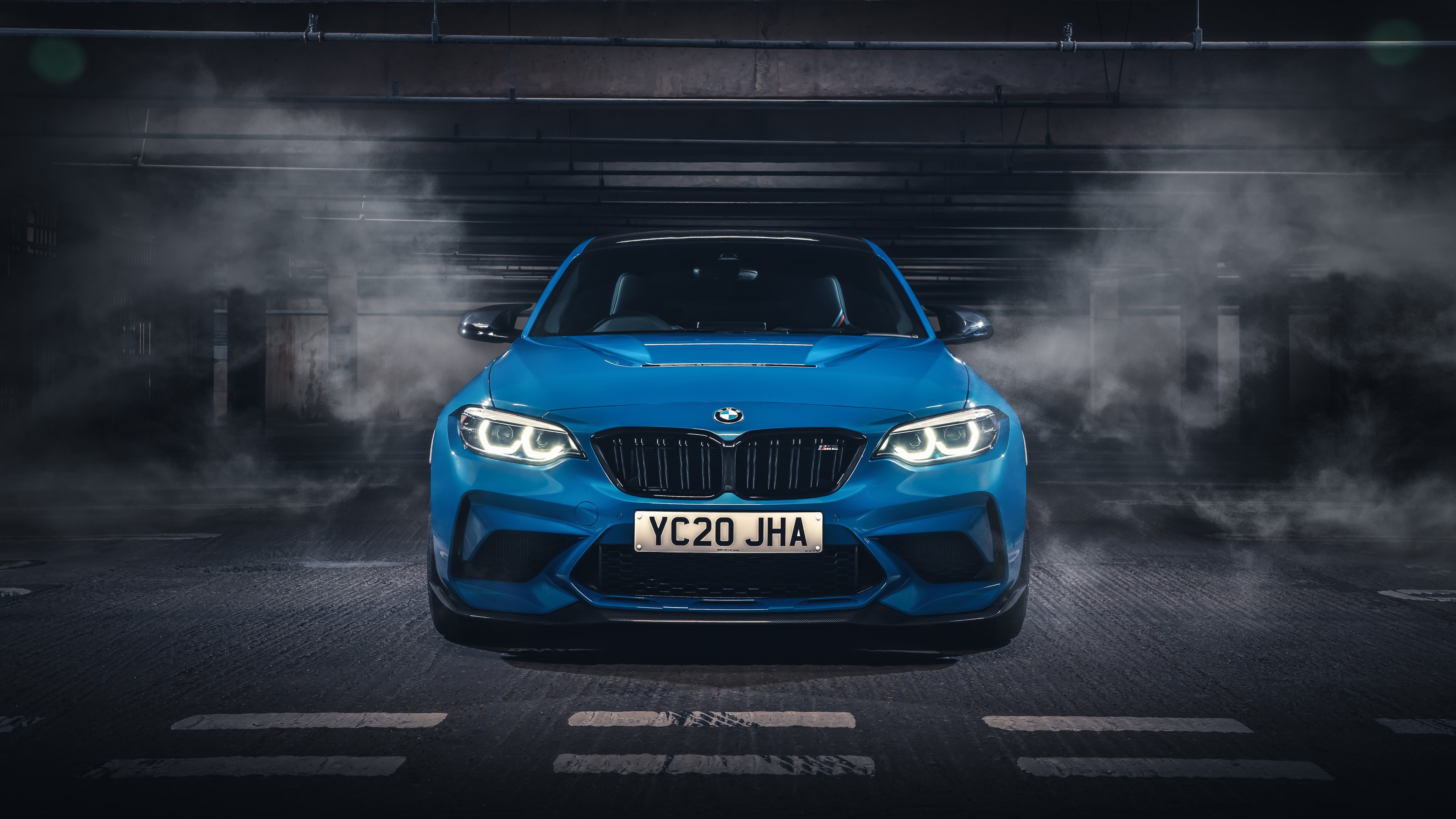 Blue BMW M2 in smoke HD Wallpaper