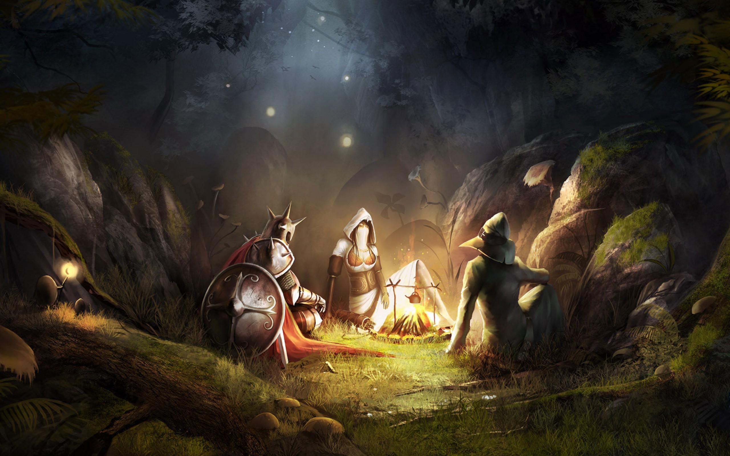 Characters from Trine camping in a forest HD Wallpaper