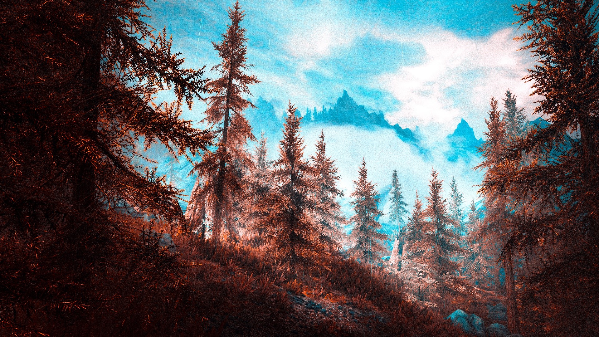 The Elder Scrolls V: Skyrim landscape with mountains and forest HD Wallpaper