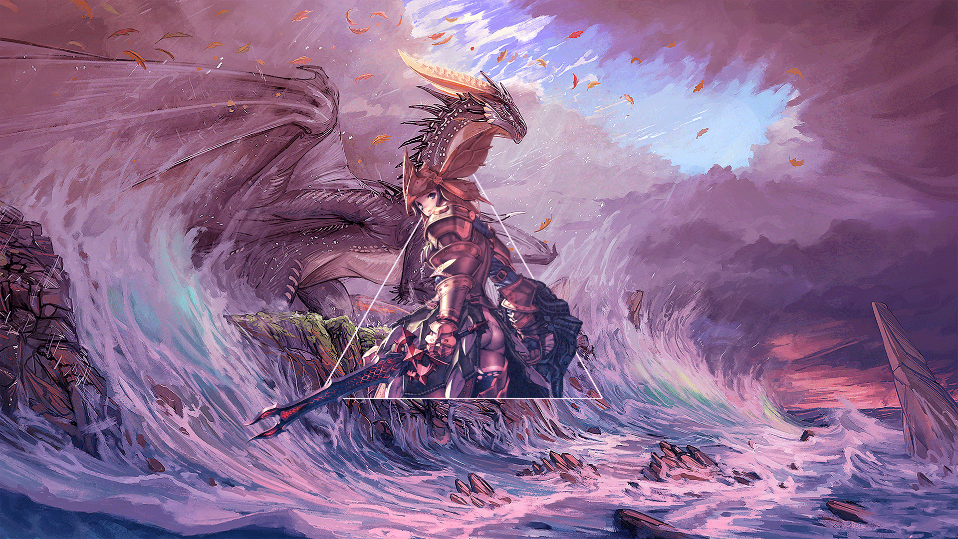 Dragon and knight in stormy seas from Monster Hunter: World HD Wallpaper