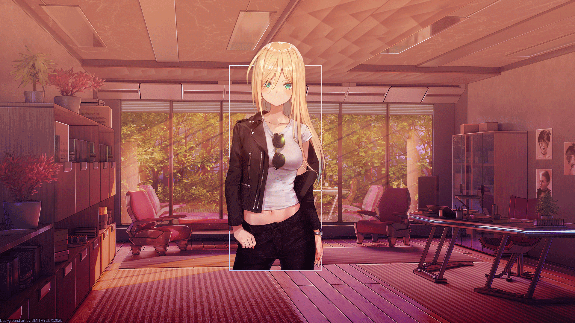 Anime girl with blonde hair and green eyes in a room HD Wallpaper