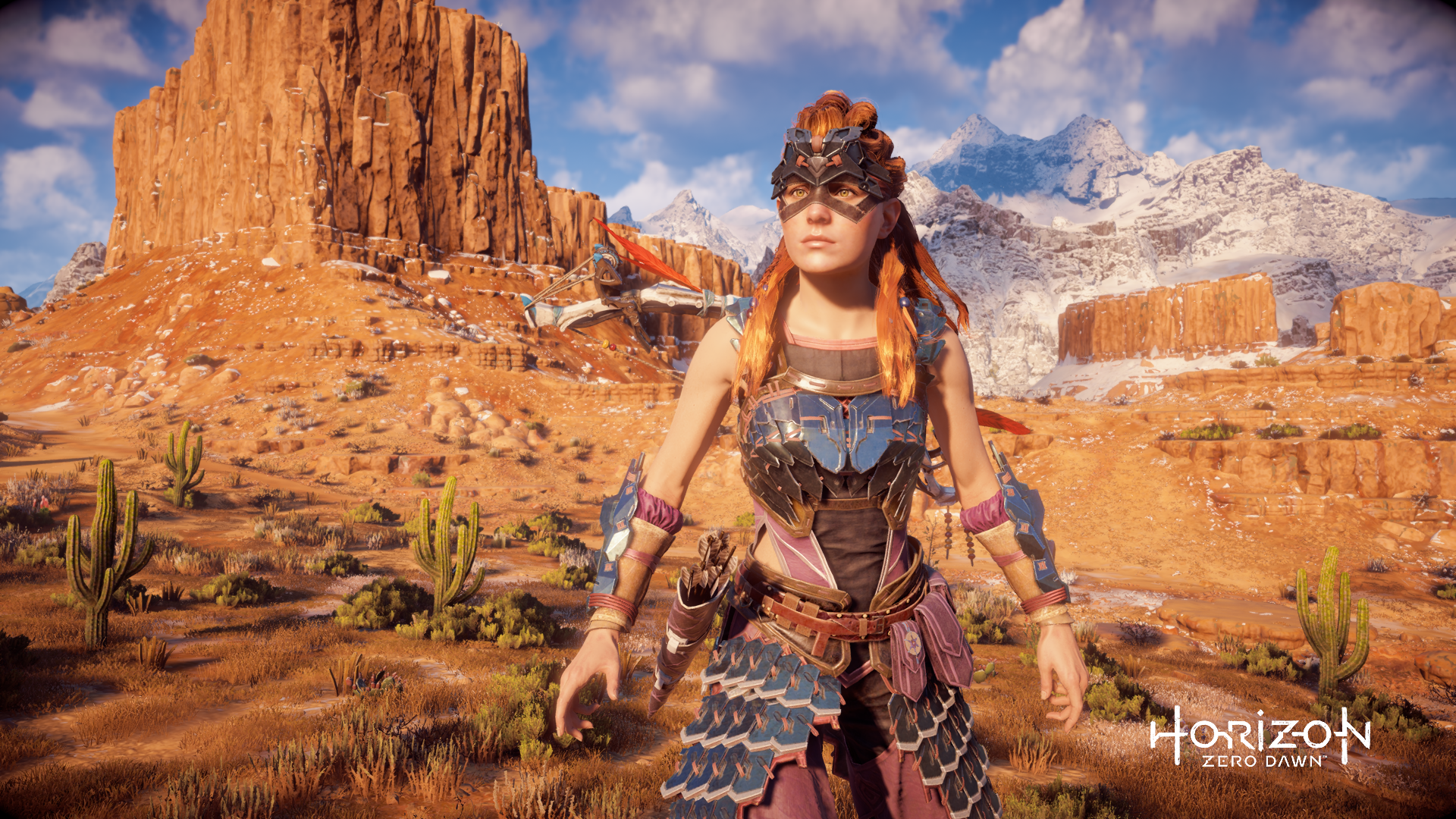 Aloy from Horizon Zero Dawn in a desert landscape HD Wallpaper
