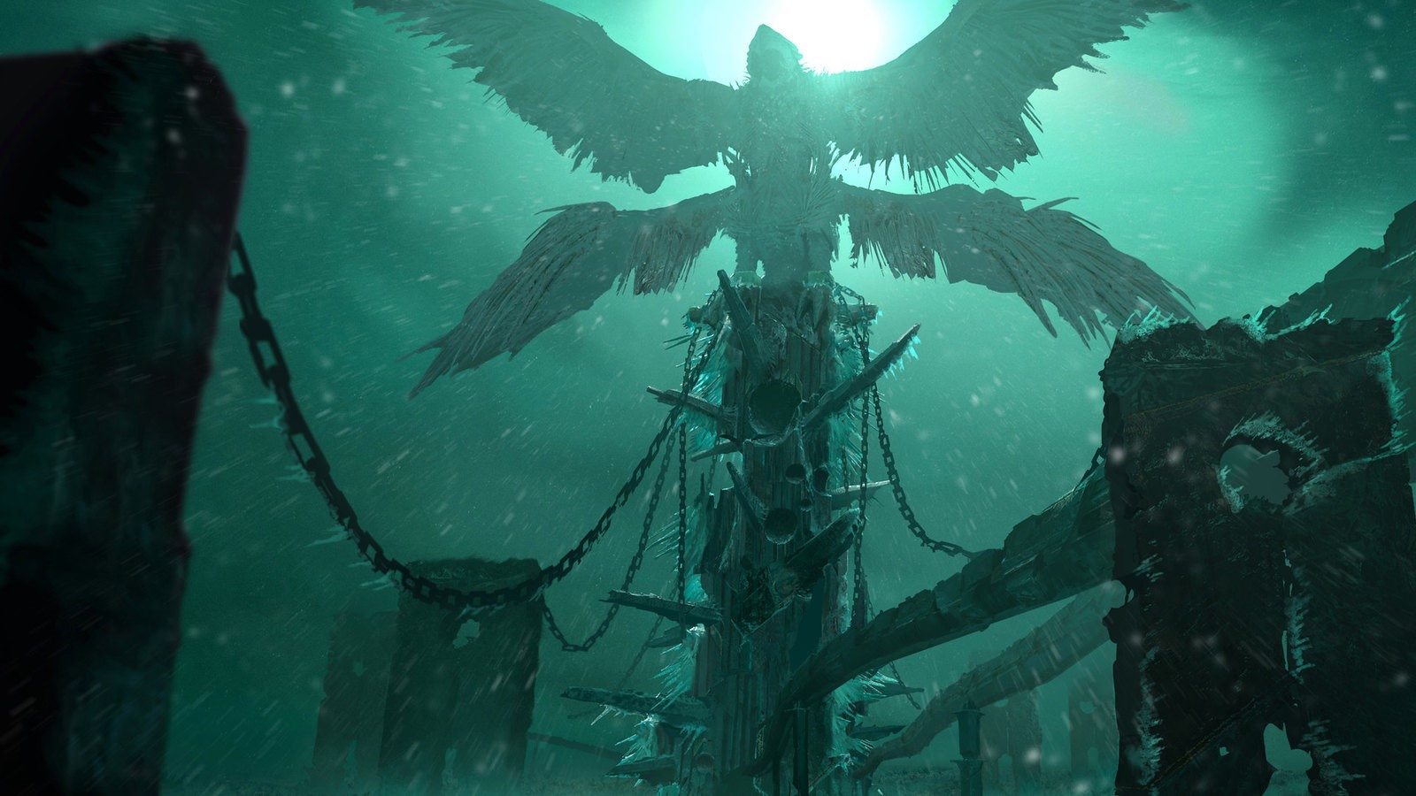 God of War Nordic creature statue in snow HD Wallpaper