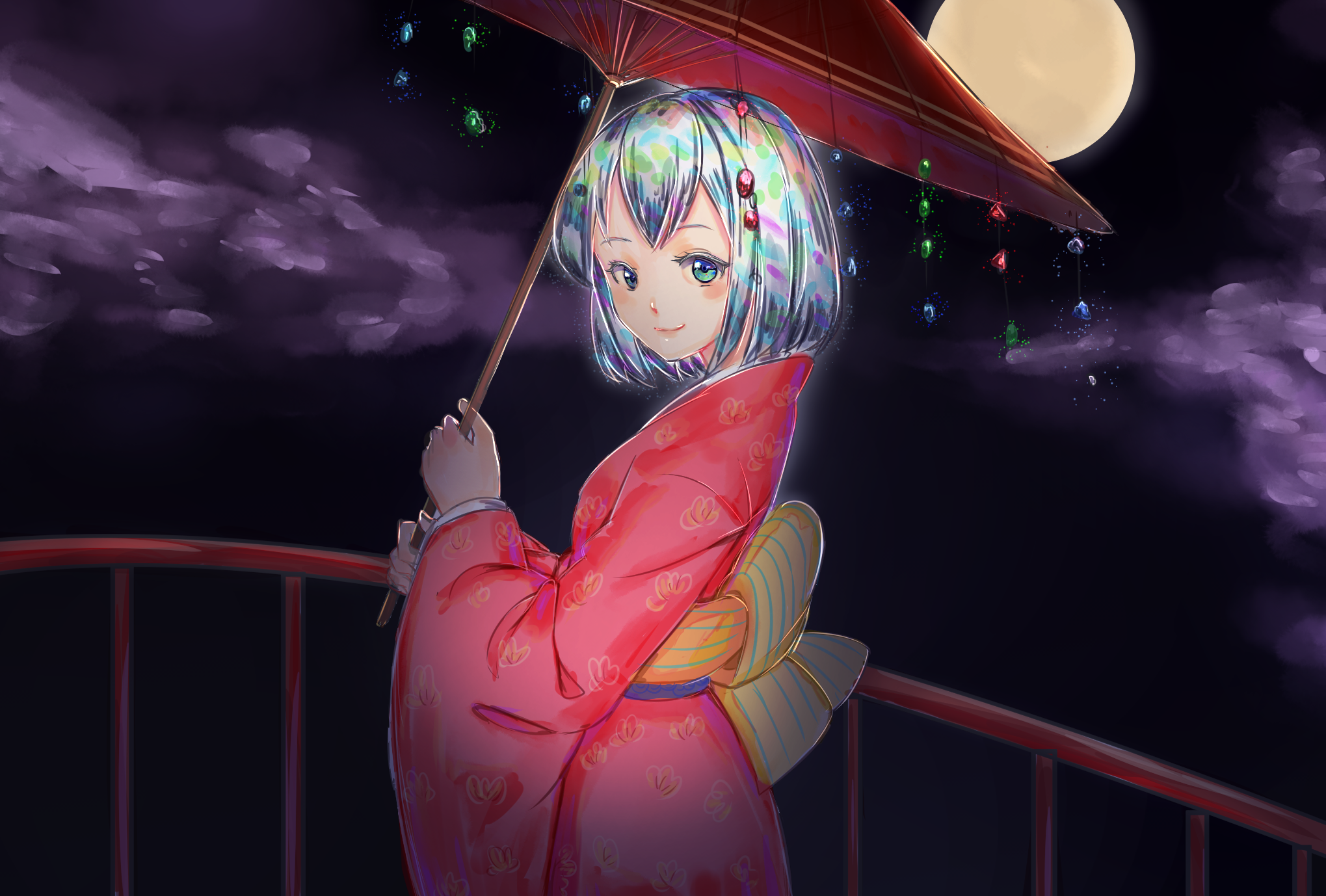Anime girl with umbrella and jewels at night HD Wallpaper