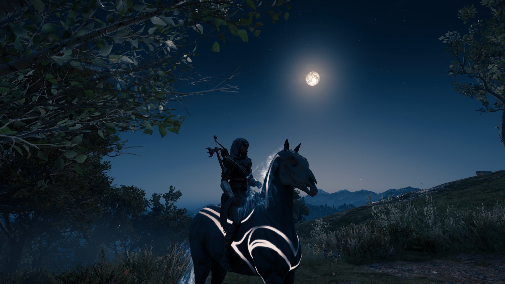 Assassin's Creed Odyssey: Character on glowing horse under the moon HD Wallpaper