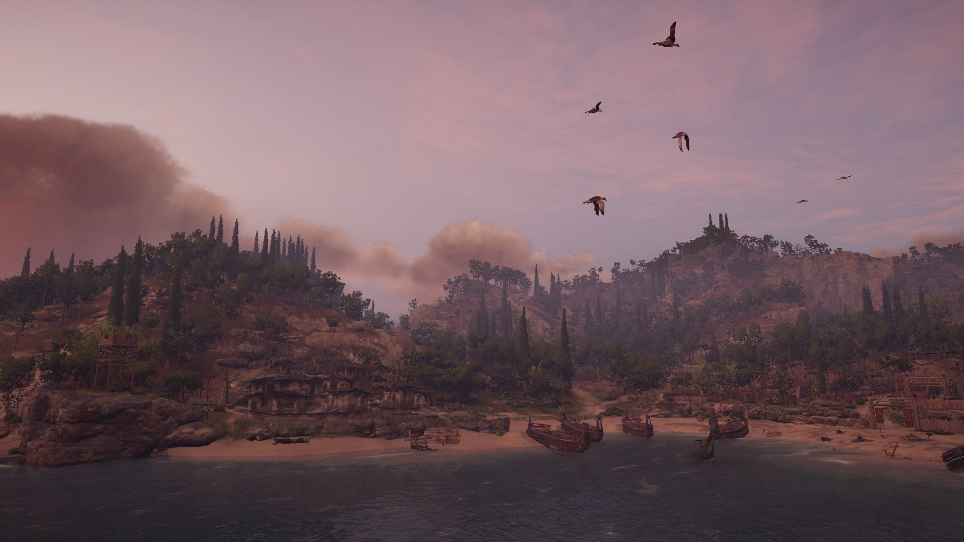 Assassin's Creed Odyssey screenshot with birds and boats HD Wallpaper