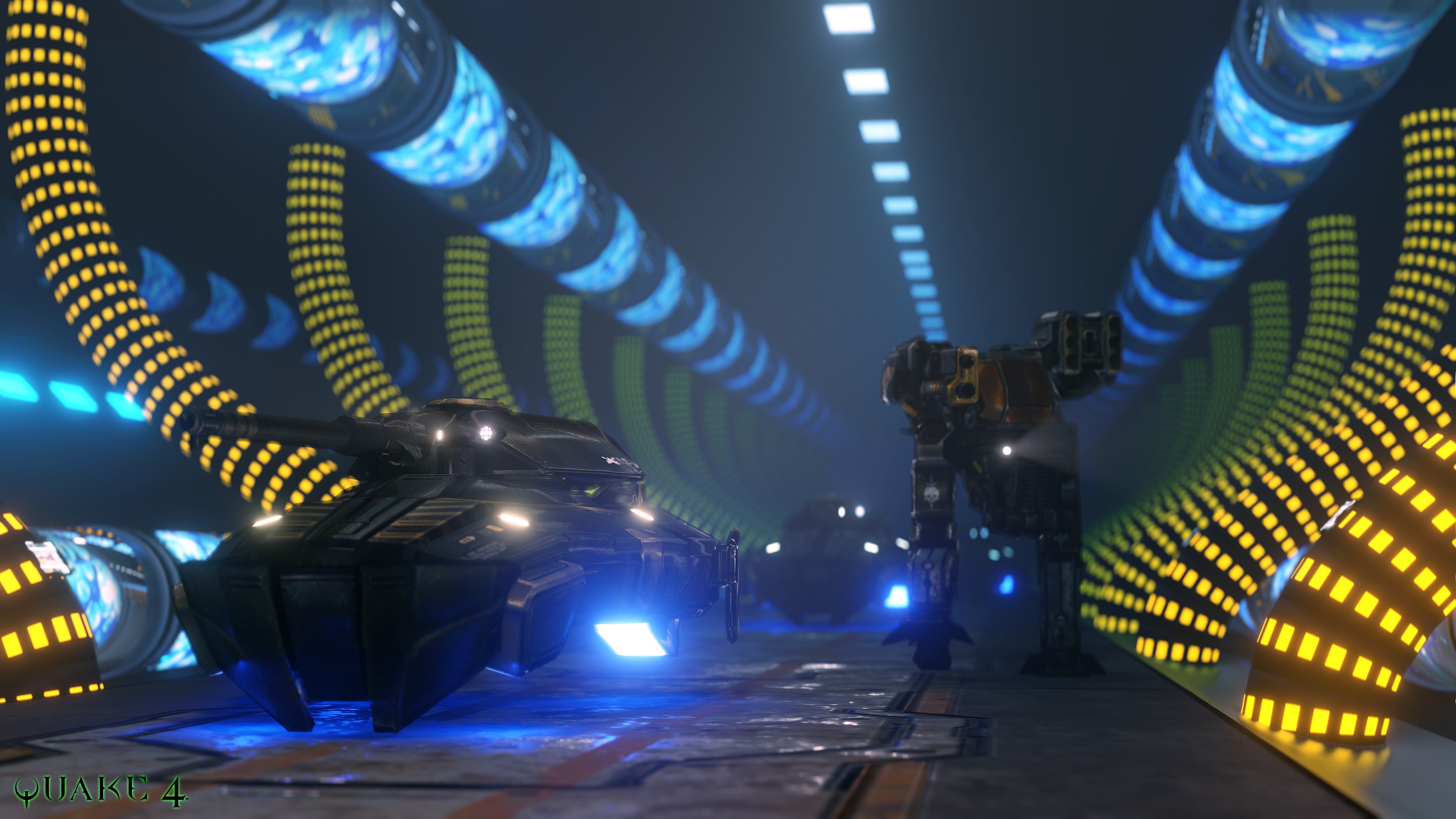 Quake 4 futuristic mech and tank in a tunnel HD Wallpaper