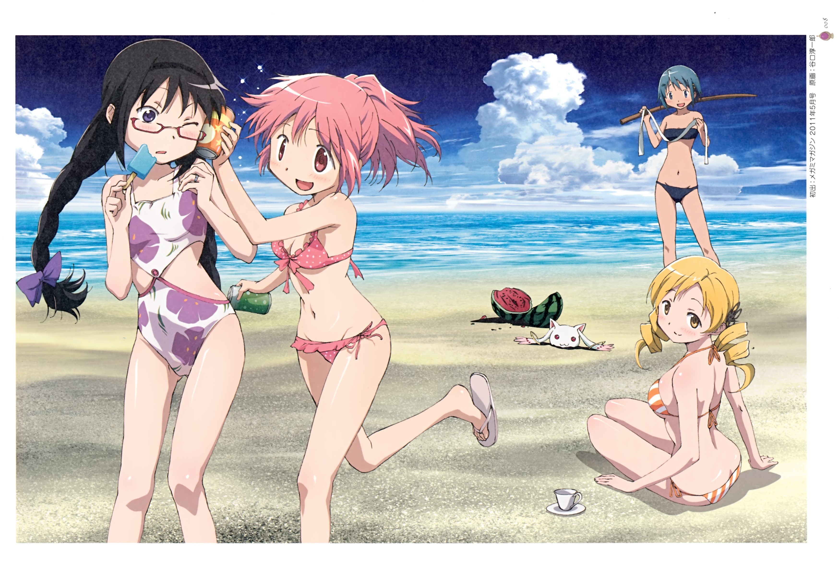 Mahou Shoujo Madoka Magica characters at the beach HD Wallpaper